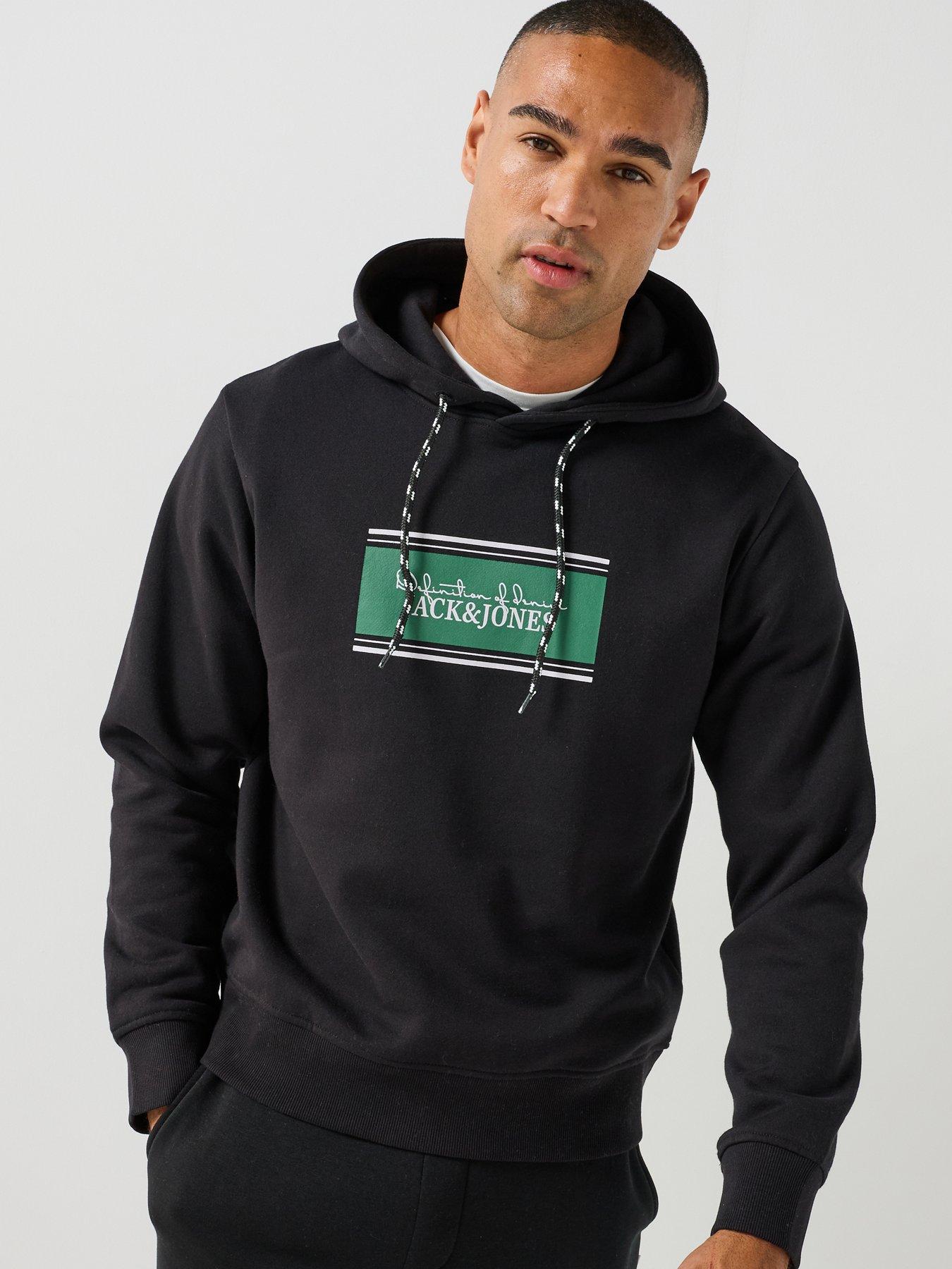 Jack & Jones Men's Graphic Hoodie with Kangaroo Pocket, Black, Size S, Men