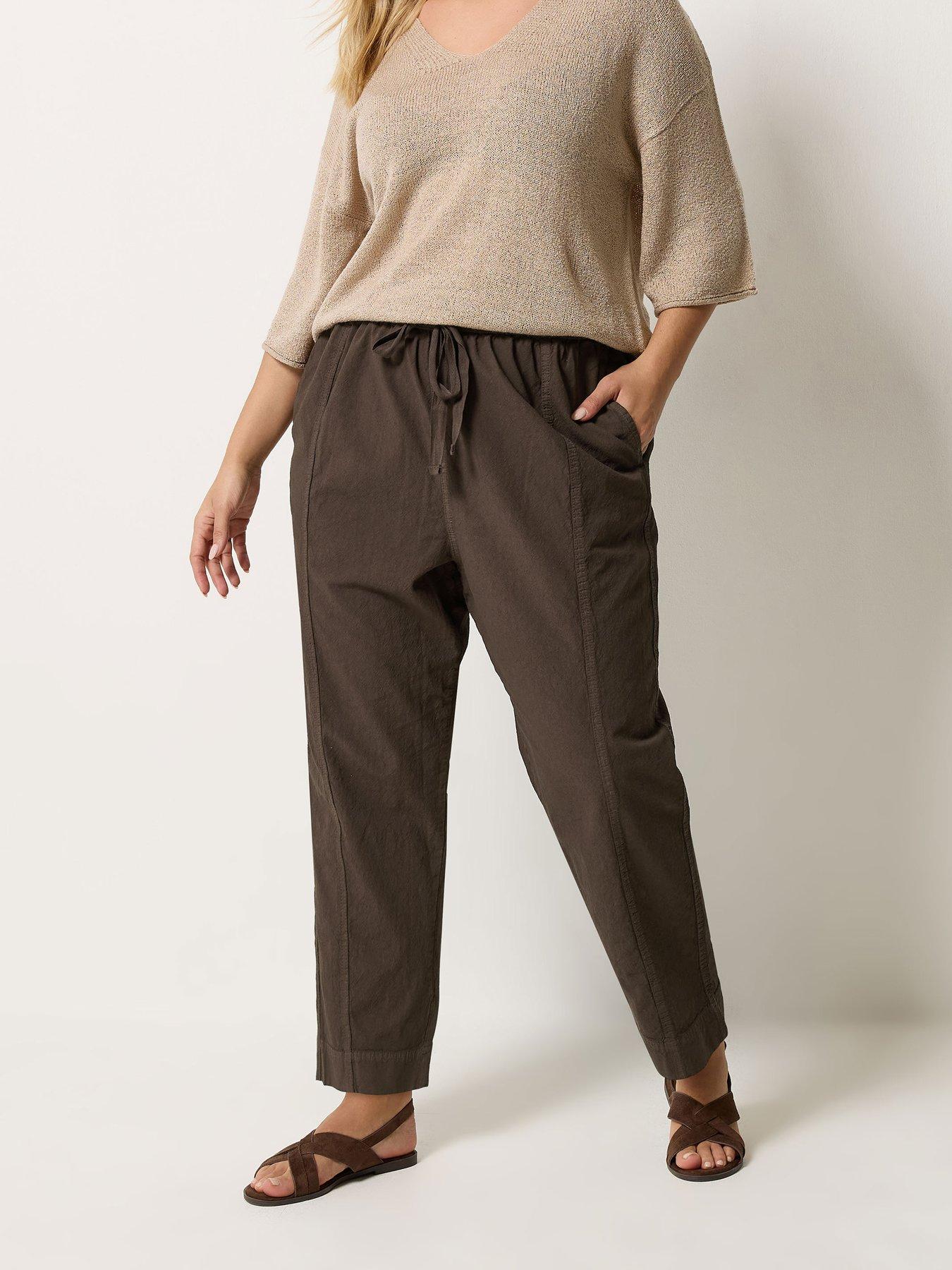 Yours Curve Cool Cotton Barrel Trouser - Brown