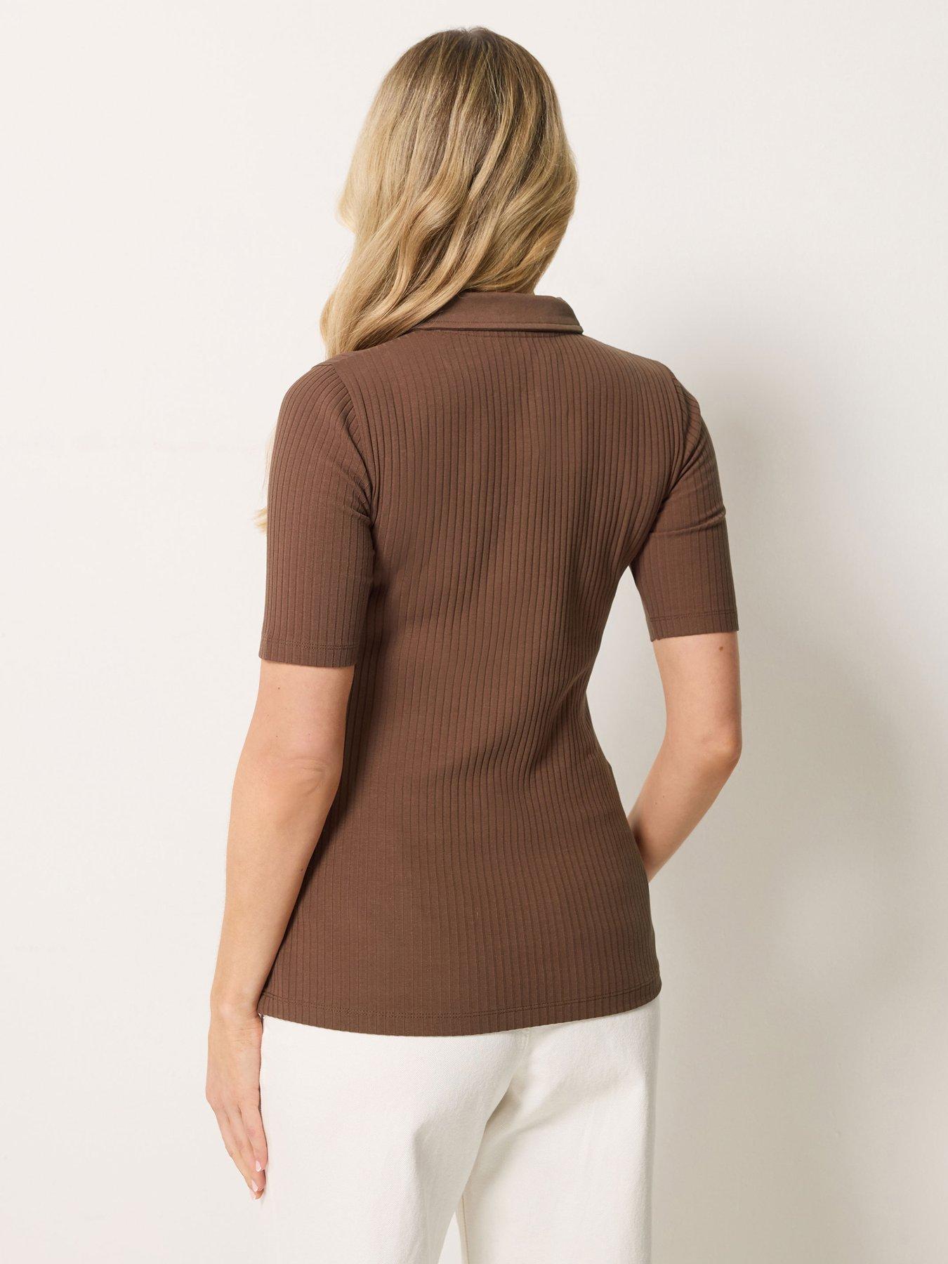 Image 2 of 4 of Long Tall Sally Zip Neck Rib T-Shirt - Brown