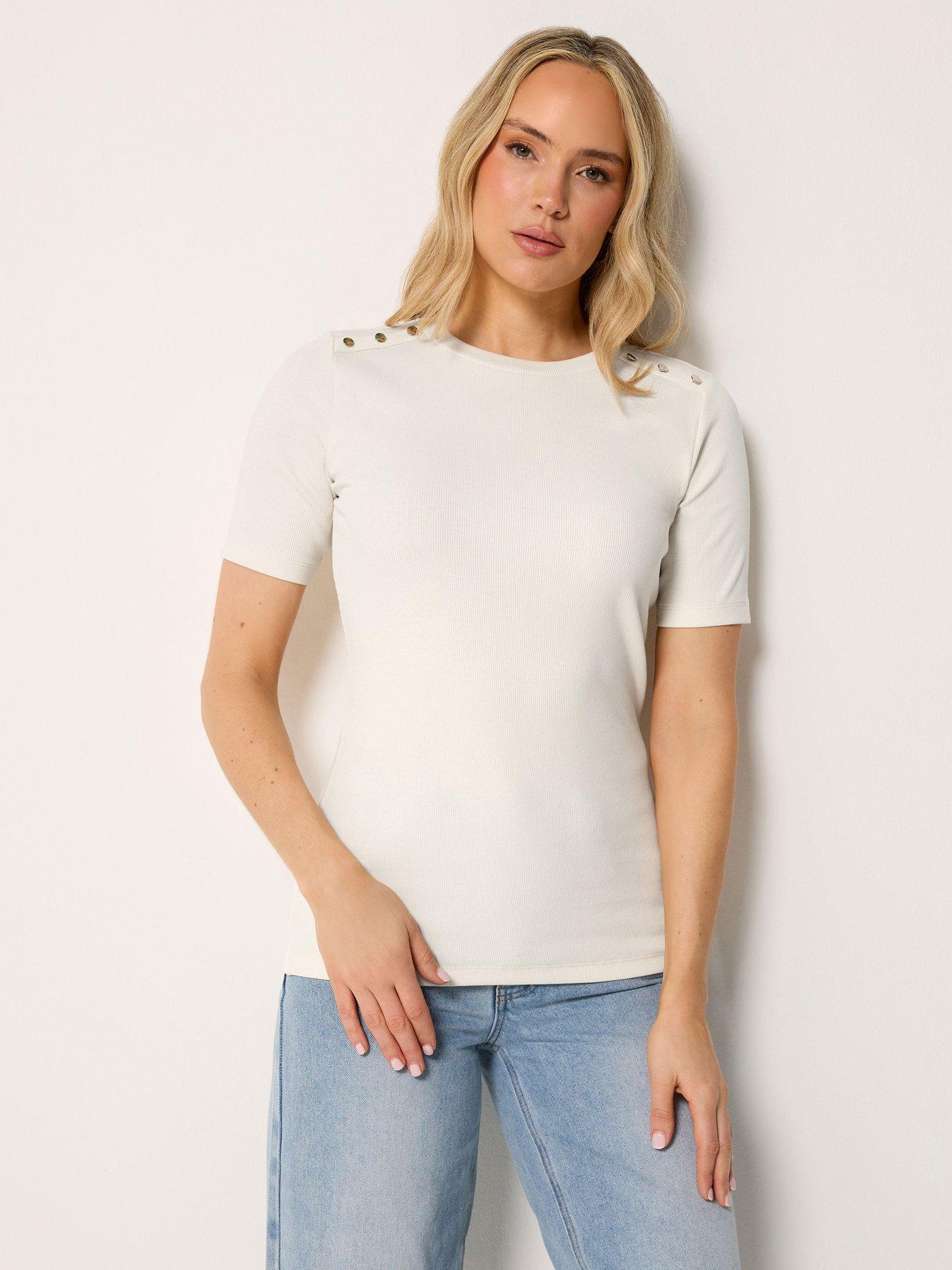 Long Tall Sally Rib Button Short Sleeve T-Shirt - Cream