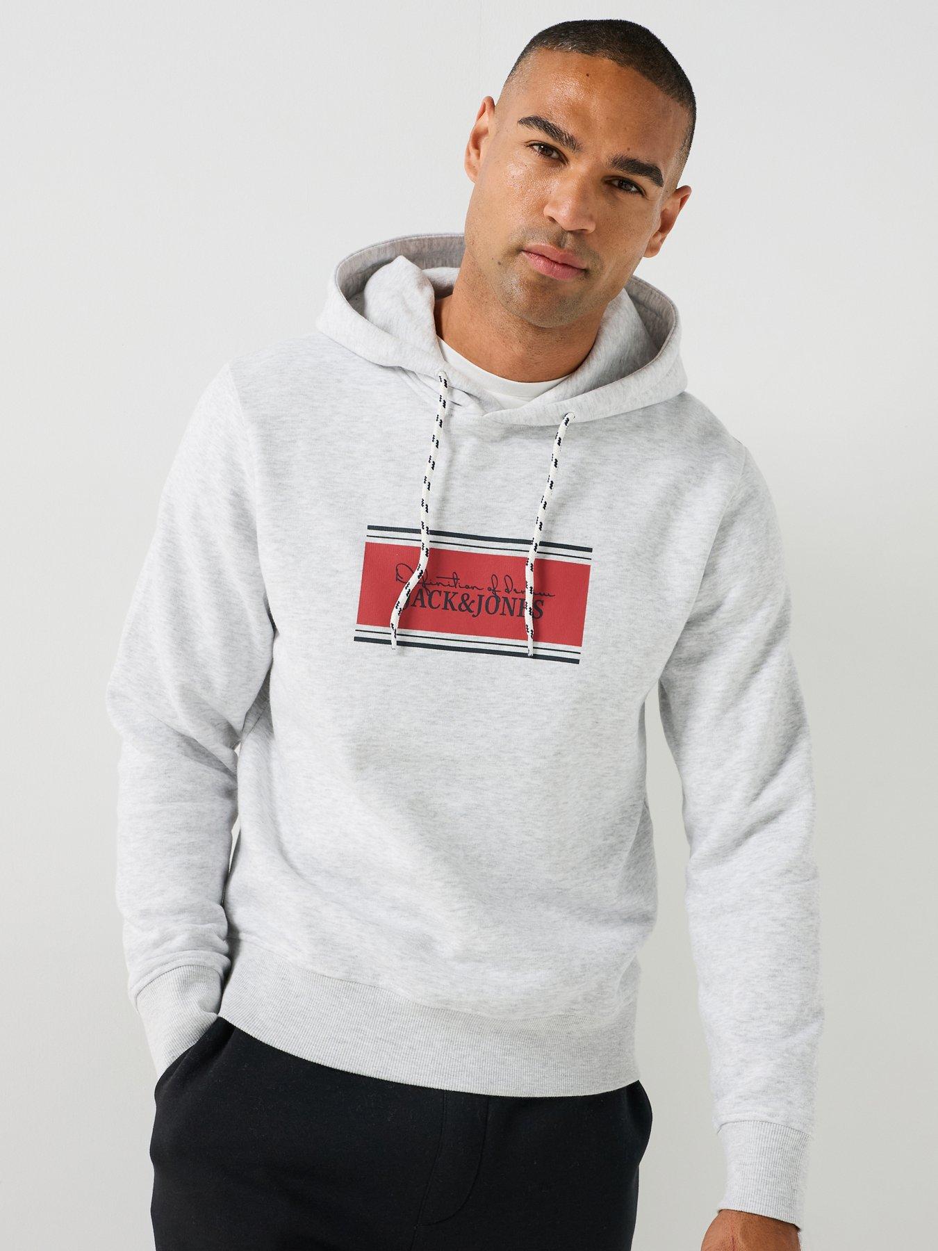 Jack & Jones Men's Graphic Hoodie with Kangaroo Pocket, White Melange, Size 2Xl, Men