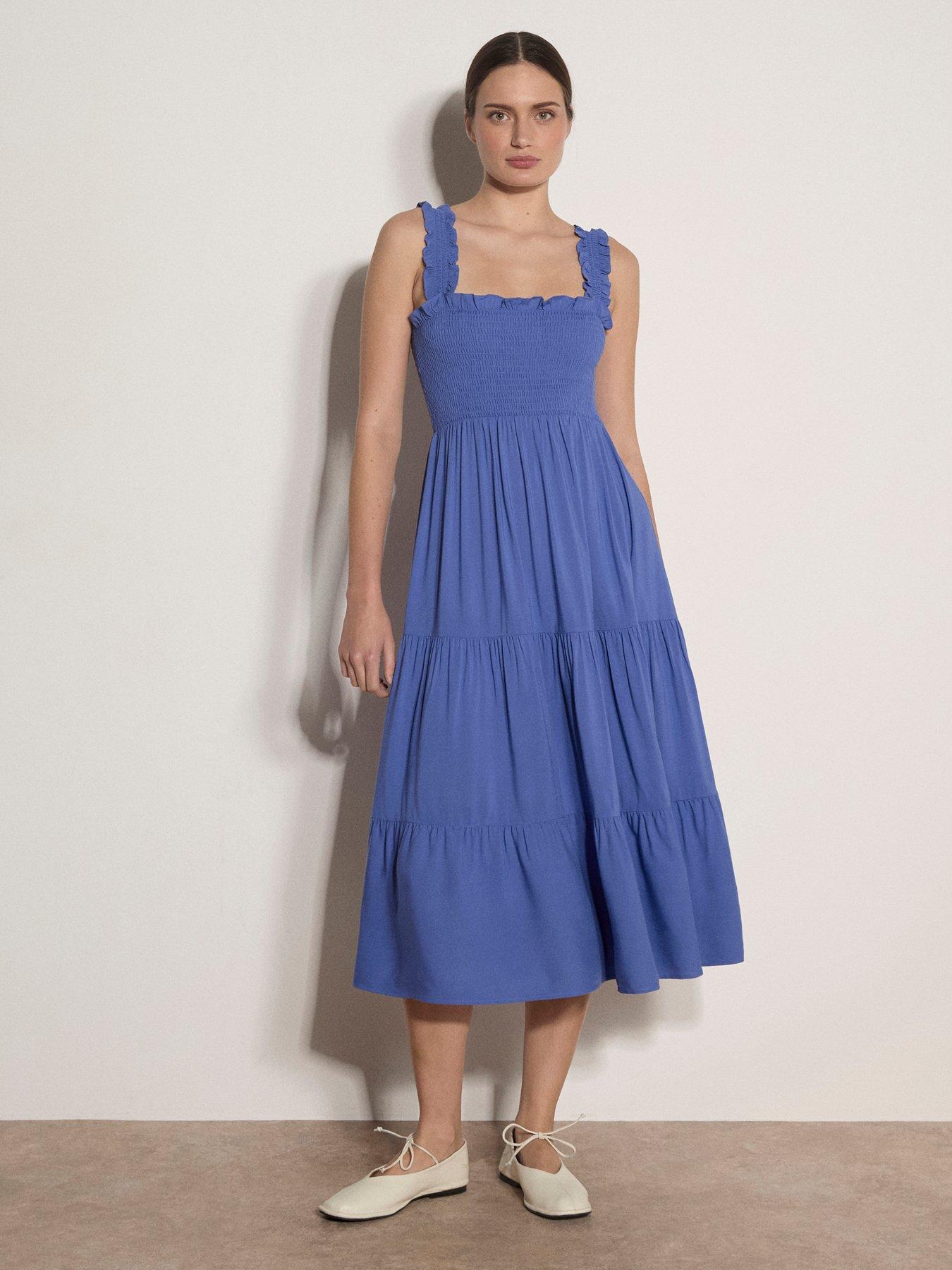 Apricot Slub Smock Tiered Midi Dress - Purple