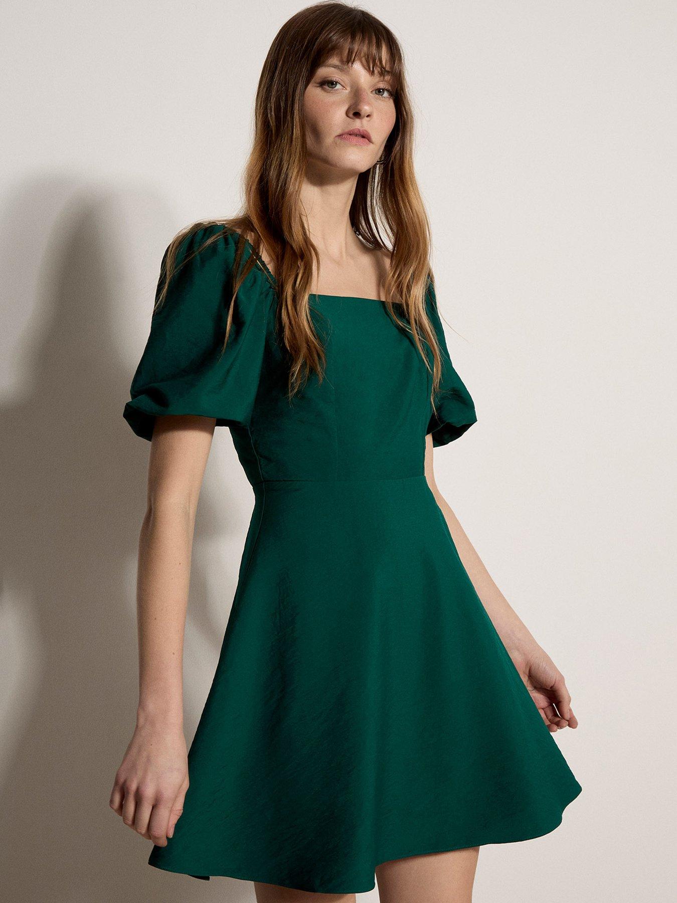 Apricot Fit Flare Volume Sleeve Mini Dress - Green | Very