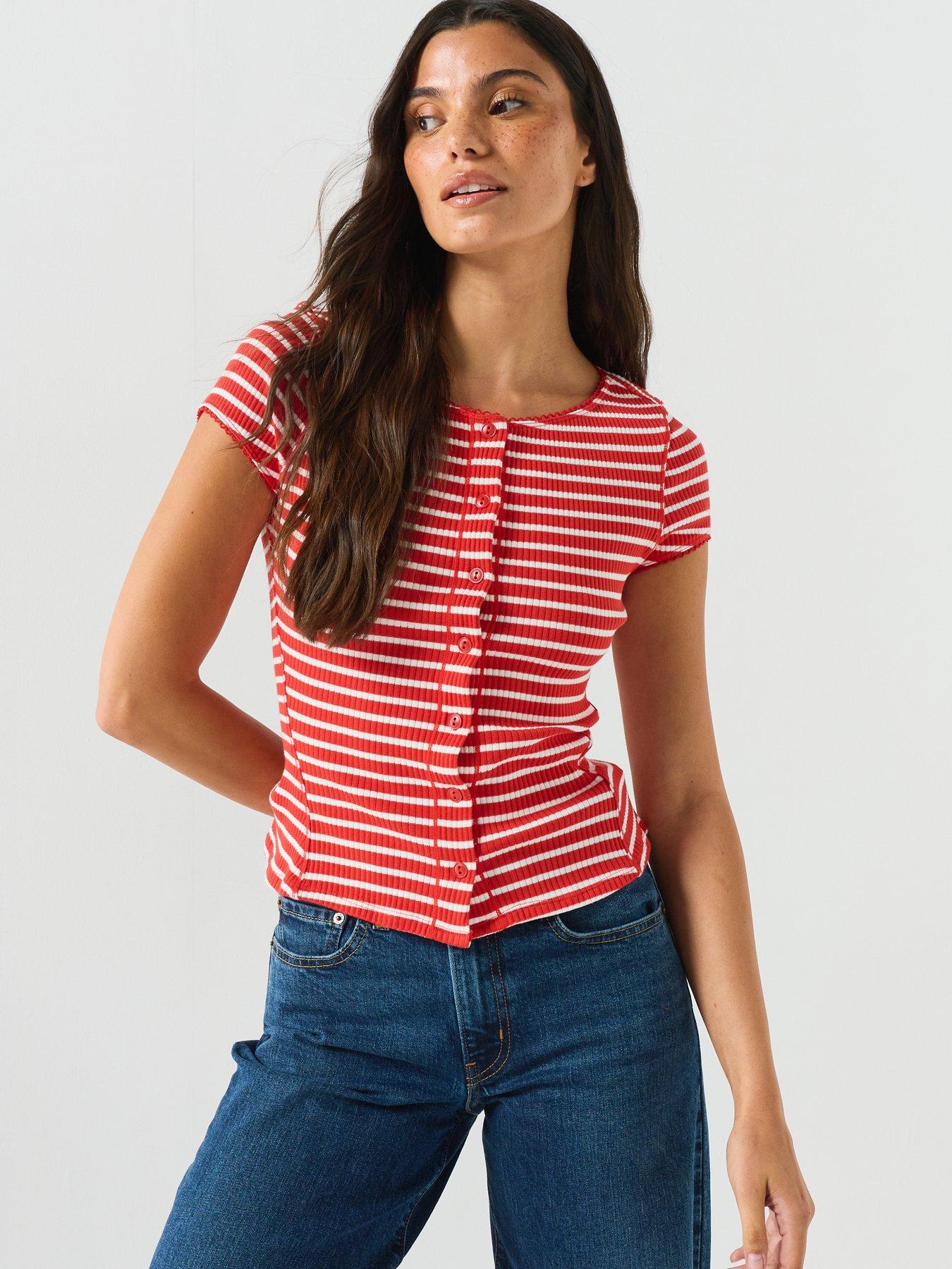 Image 1 of 6 of FREE PEOPLE Ribbed Stripe Button Front Short Sleeve Top - Red