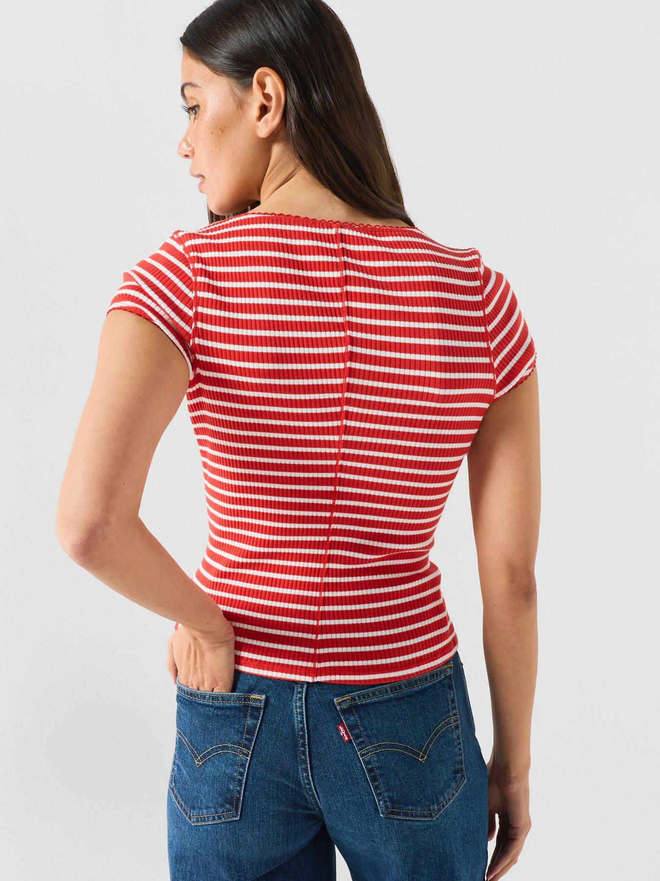 Image 2 of 6 of FREE PEOPLE Ribbed Stripe Button Front Short Sleeve Top - Red