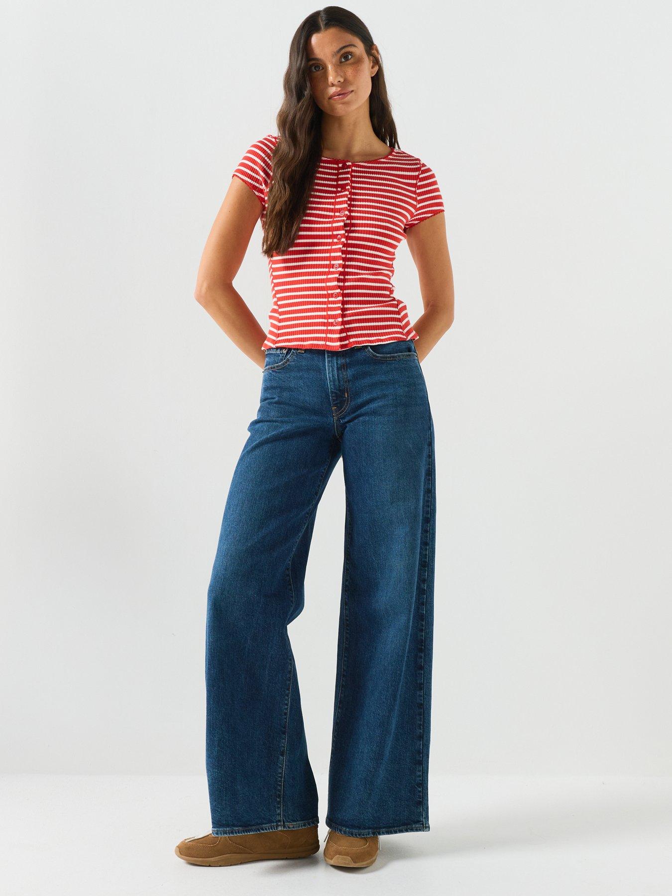 Image 3 of 6 of FREE PEOPLE Ribbed Stripe Button Front Short Sleeve Top - Red