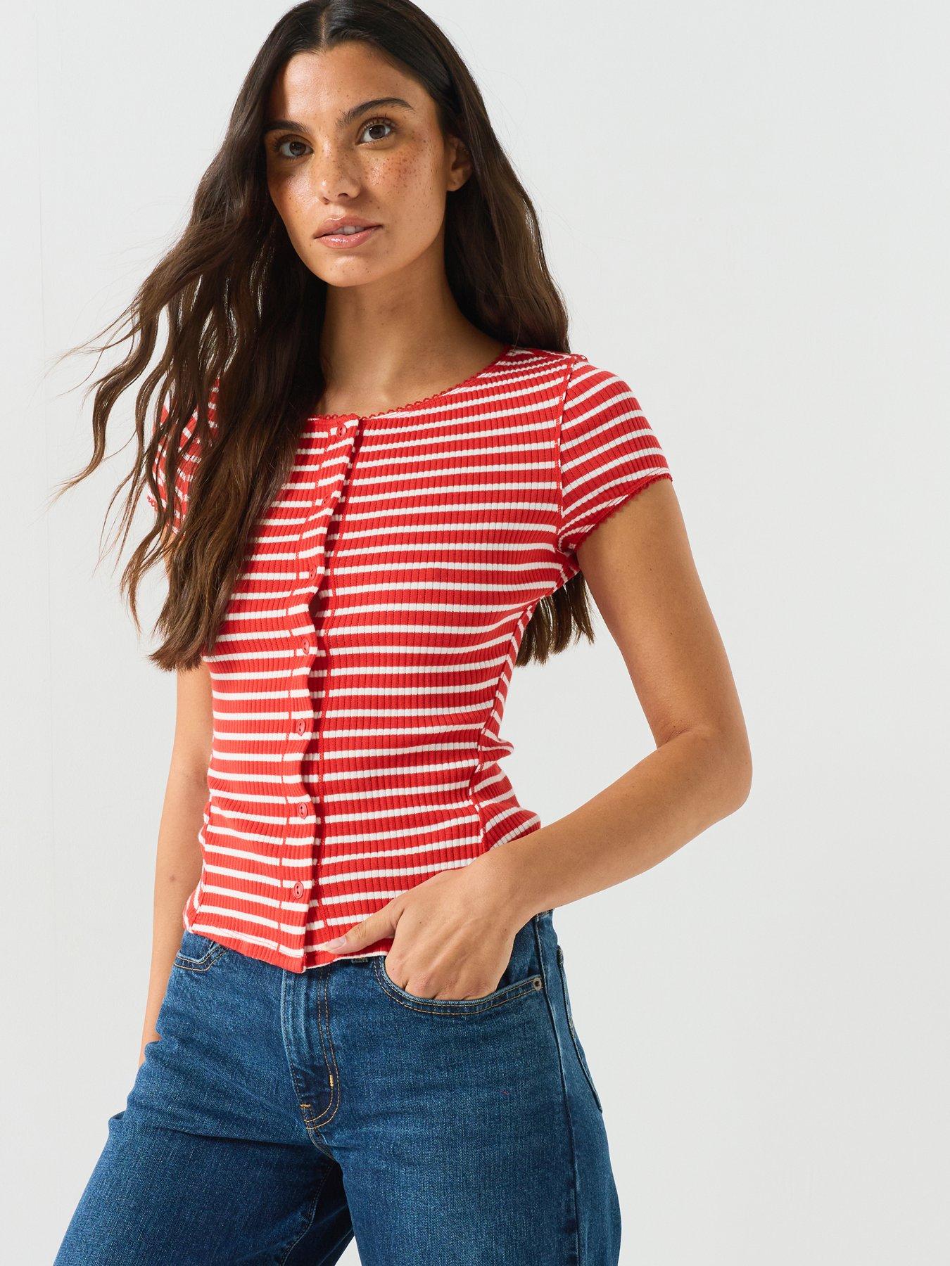 Image 4 of 6 of FREE PEOPLE Ribbed Stripe Button Front Short Sleeve Top - Red