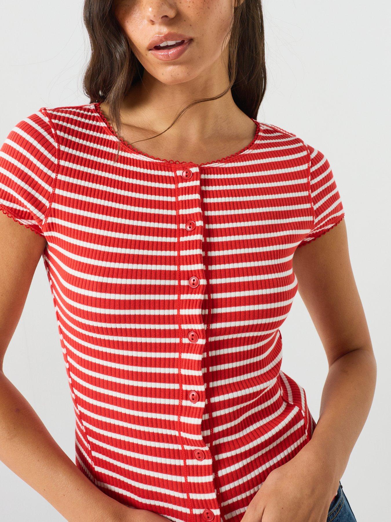 Image 5 of 6 of FREE PEOPLE Ribbed Stripe Button Front Short Sleeve Top - Red