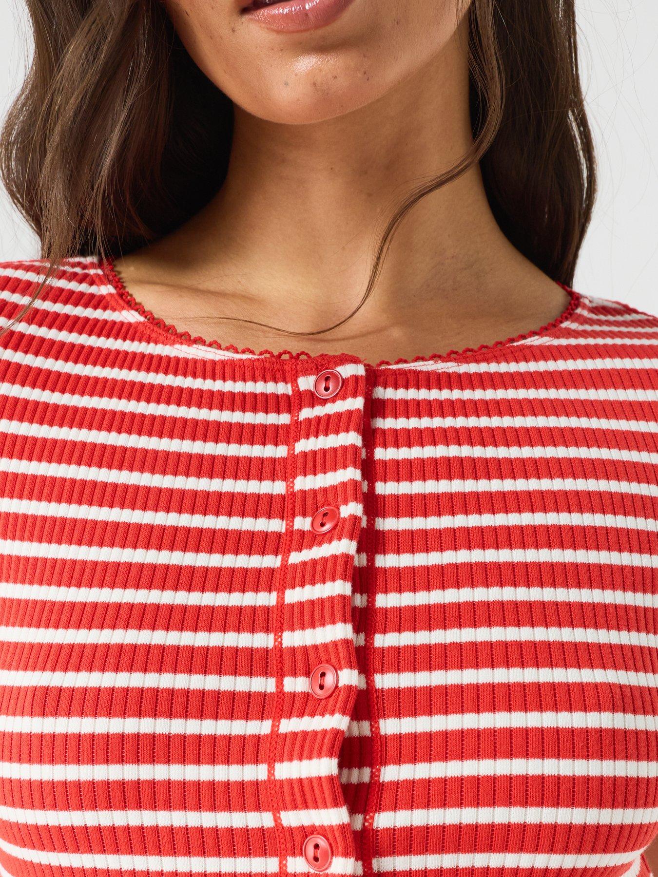 Image 6 of 6 of FREE PEOPLE Ribbed Stripe Button Front Short Sleeve Top - Red