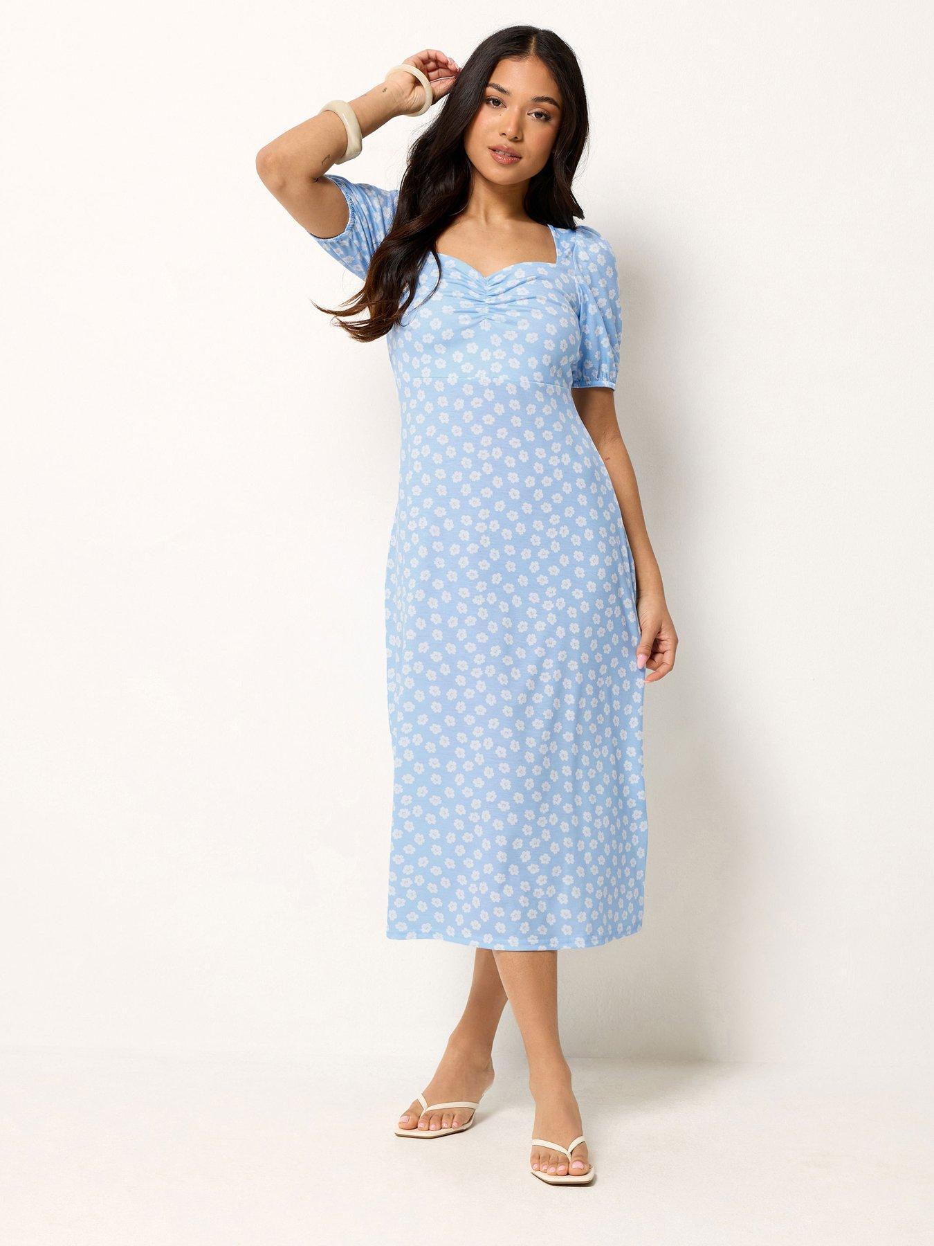 Image 1 of 4 of PixieGirl Petite Daisy Print Bust Midi Dress - Blue