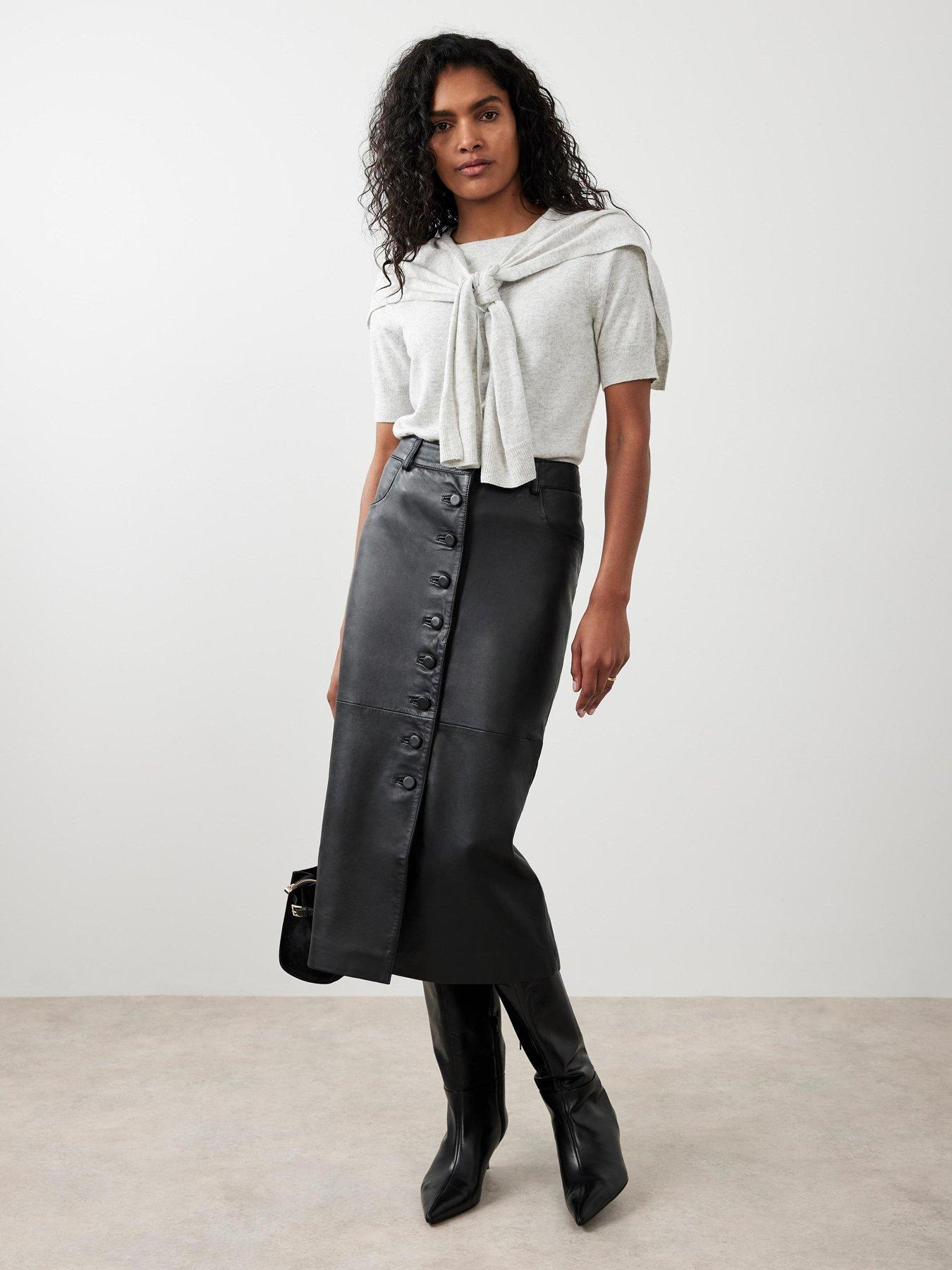 Mint Velvet Black Leather Midi Skirt