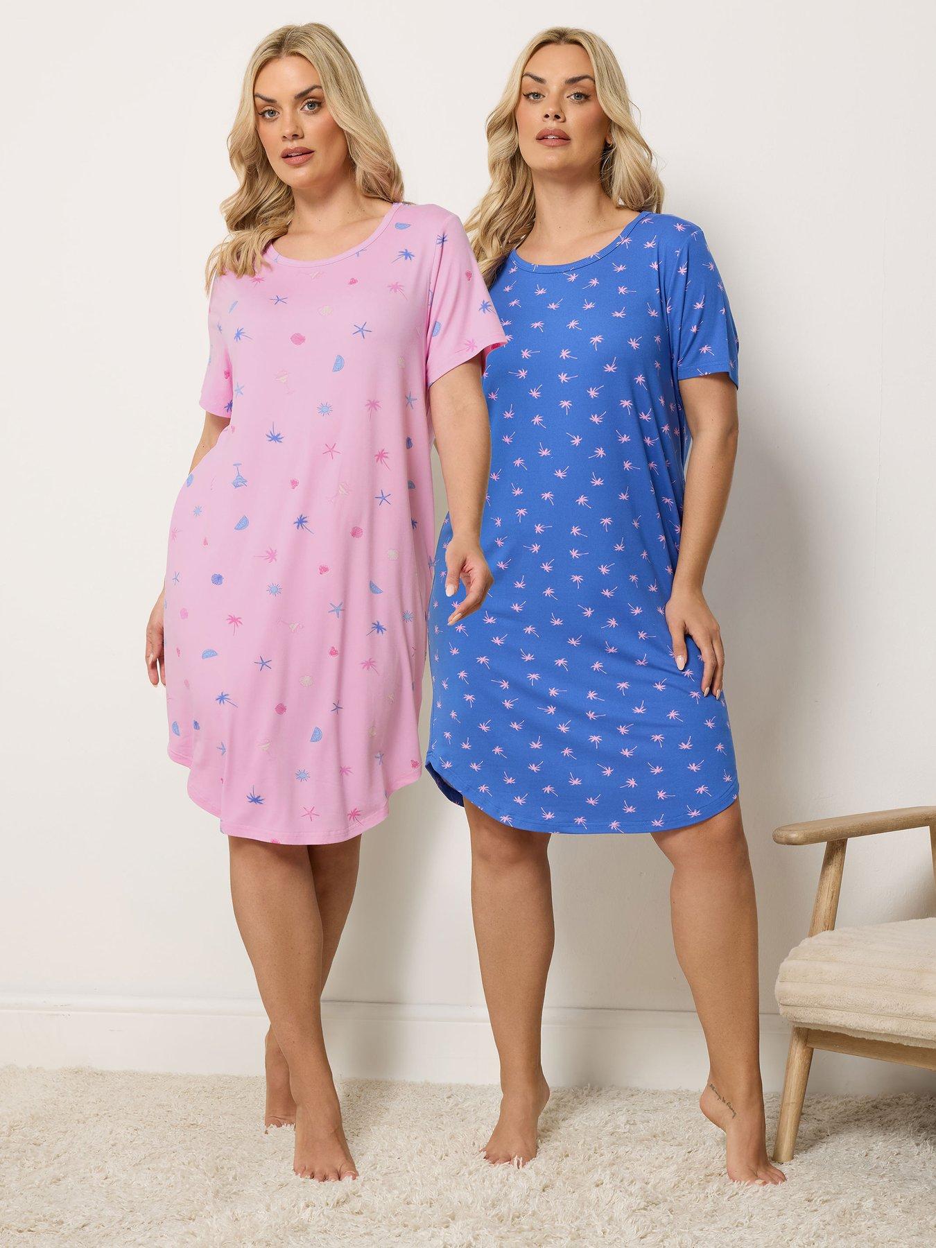 Image 1 of 6 of Yours Curve 2 Pack Soft Touch Palm Print Dipped Back Nightdress - Blue