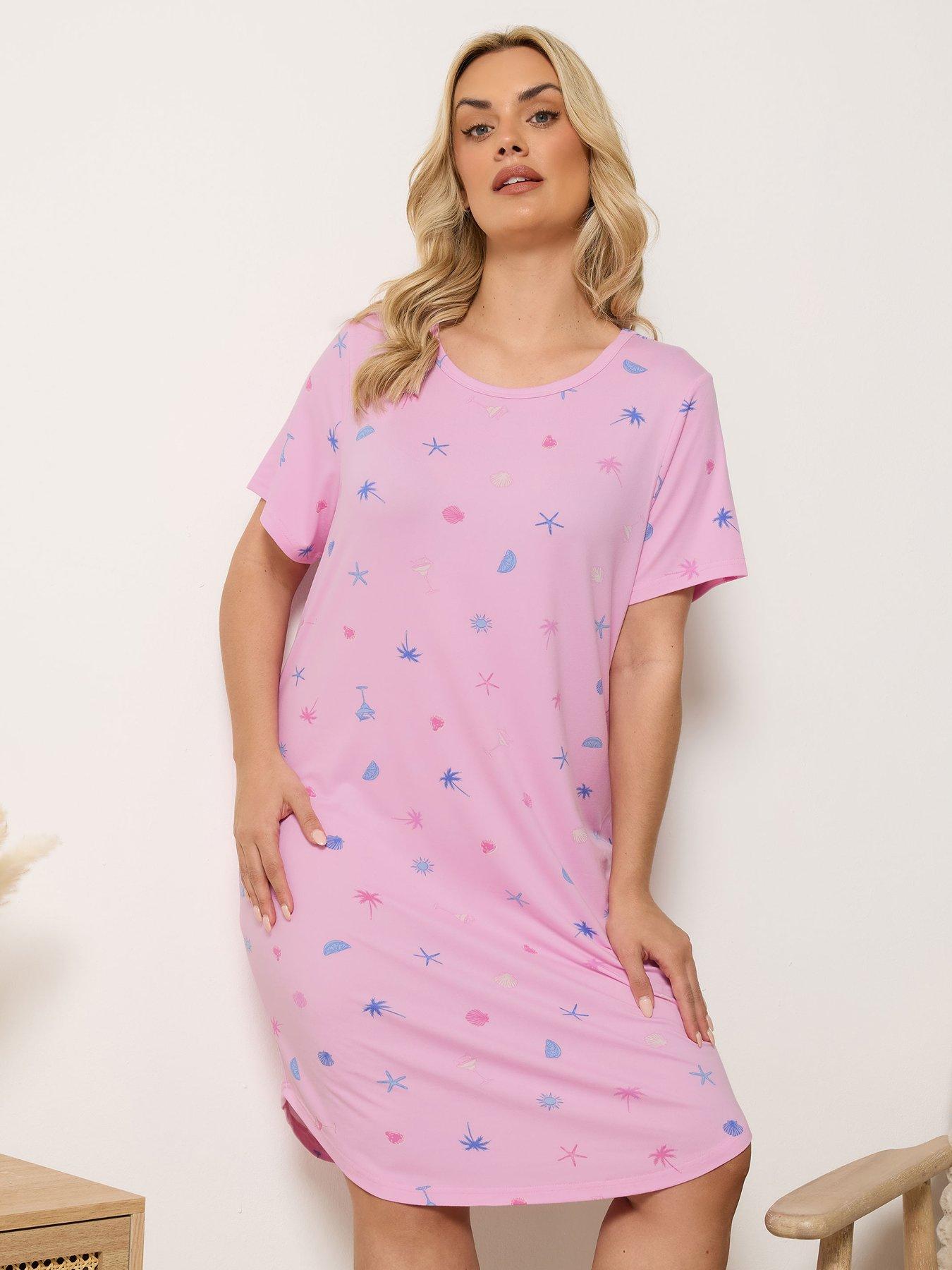 Image 4 of 6 of Yours Curve 2 Pack Soft Touch Palm Print Dipped Back Nightdress - Blue