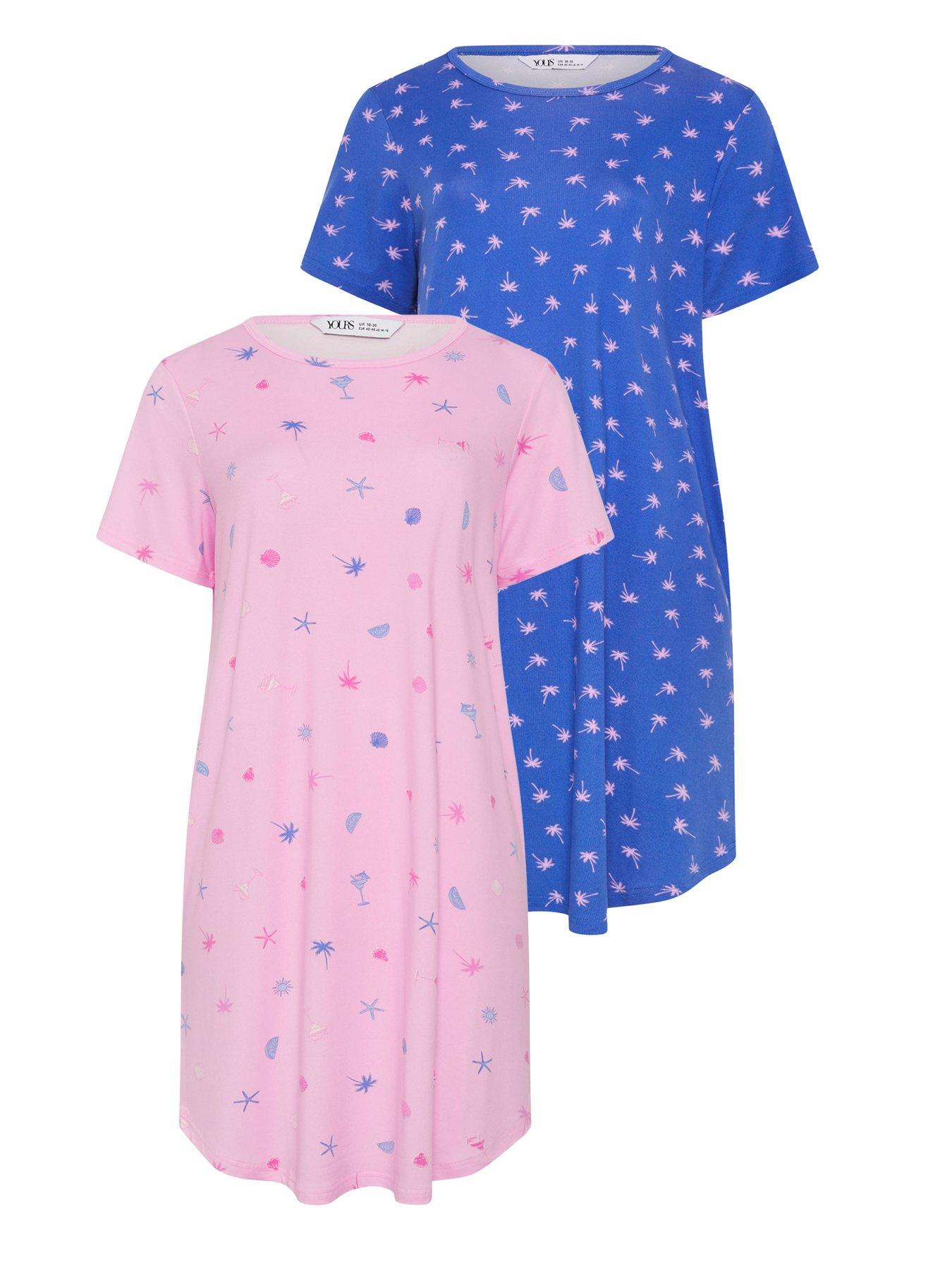 Image 6 of 6 of Yours Curve 2 Pack Soft Touch Palm Print Dipped Back Nightdress - Blue