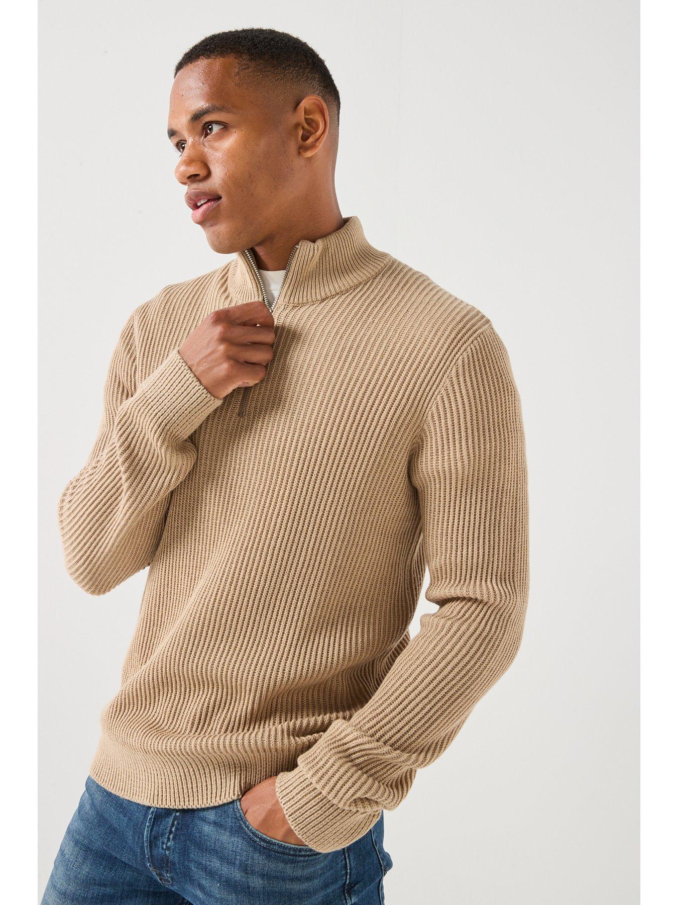 Jack & Jones Panel Knitted 1/2 Zip Jumper - Beige