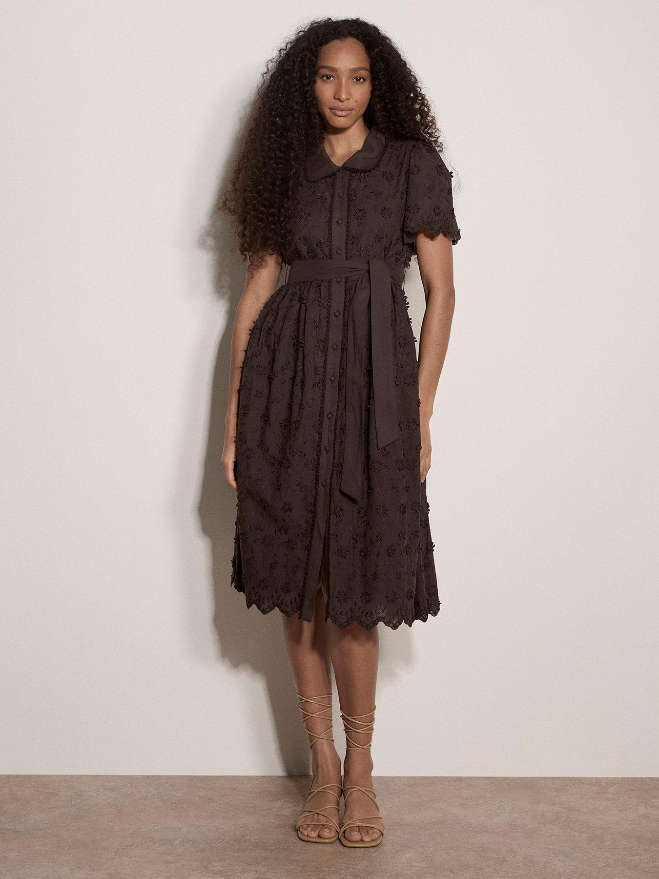 Apricot 3-D Embroidered Cotton Collar Midi Dress - Brown