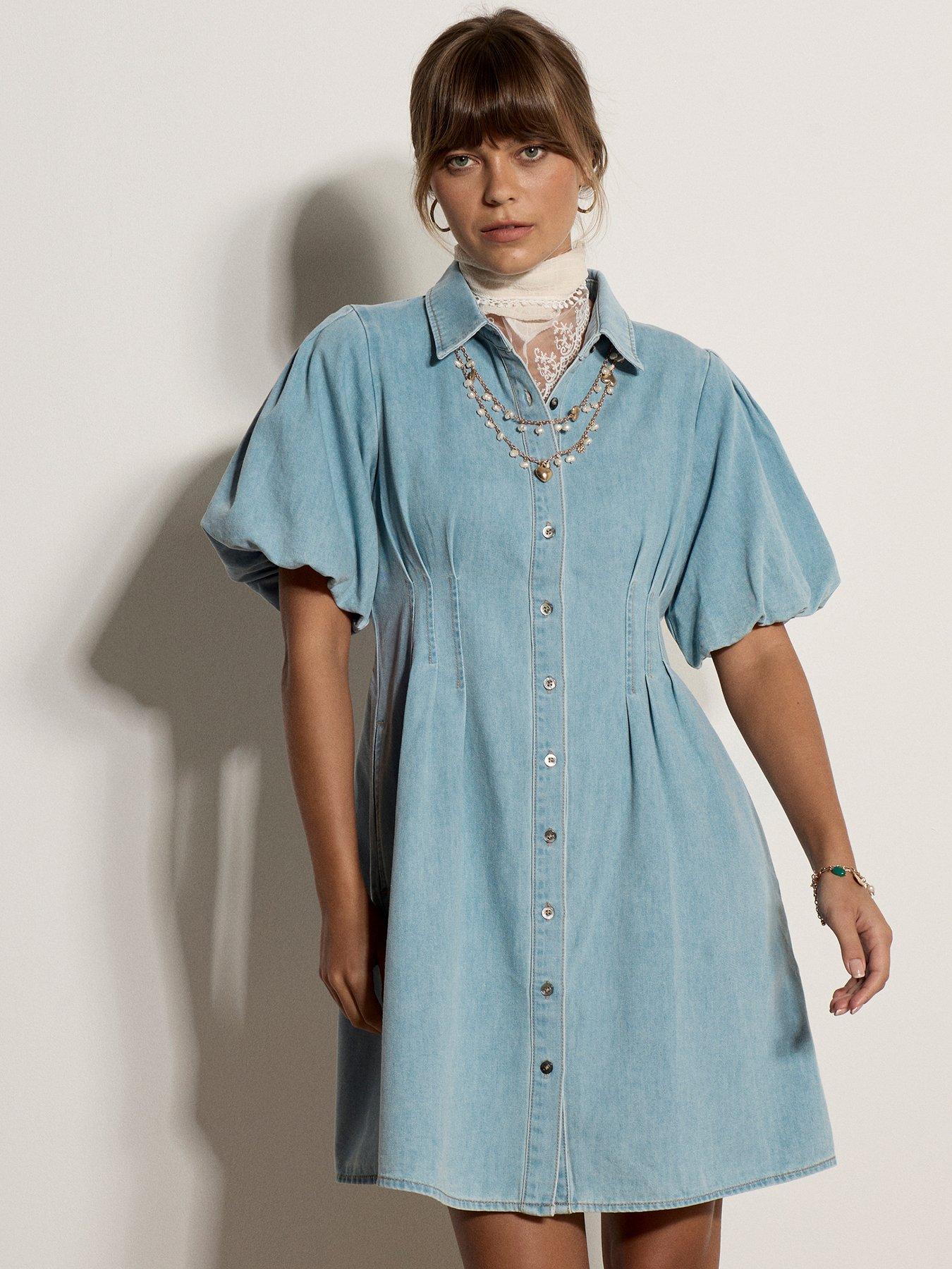 Apricot Seam Detail Denim Mini Dress With Bubble Sleeve