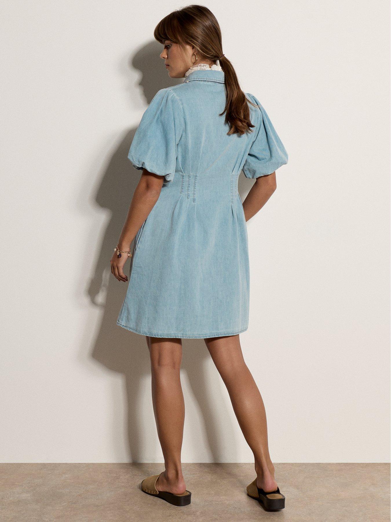 apricot denim dress Denim Shift Crochet Pocket Mini Dress