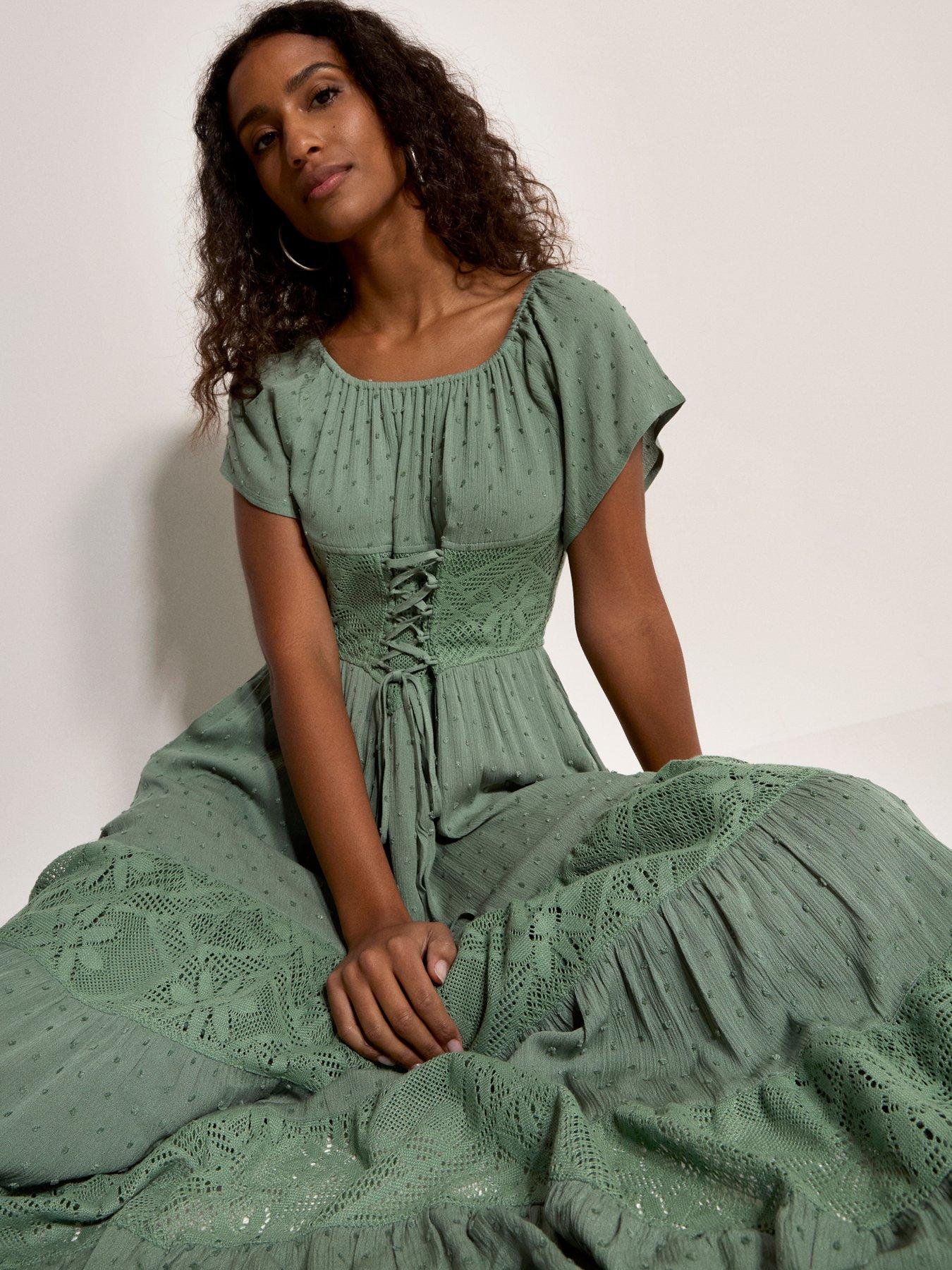 Apricot Lace Corset Detail Midi Dress - Brown | Very