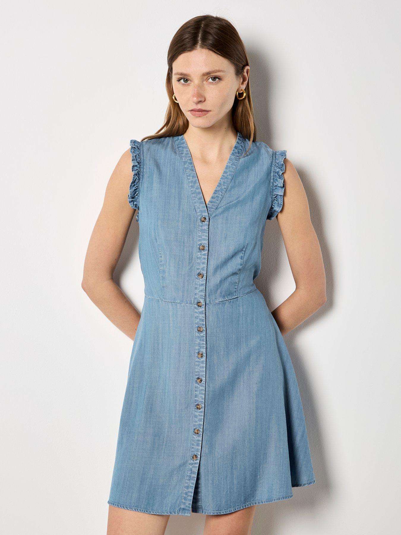 Apricot Ruffle Sleeve Button Down Dress - Blue