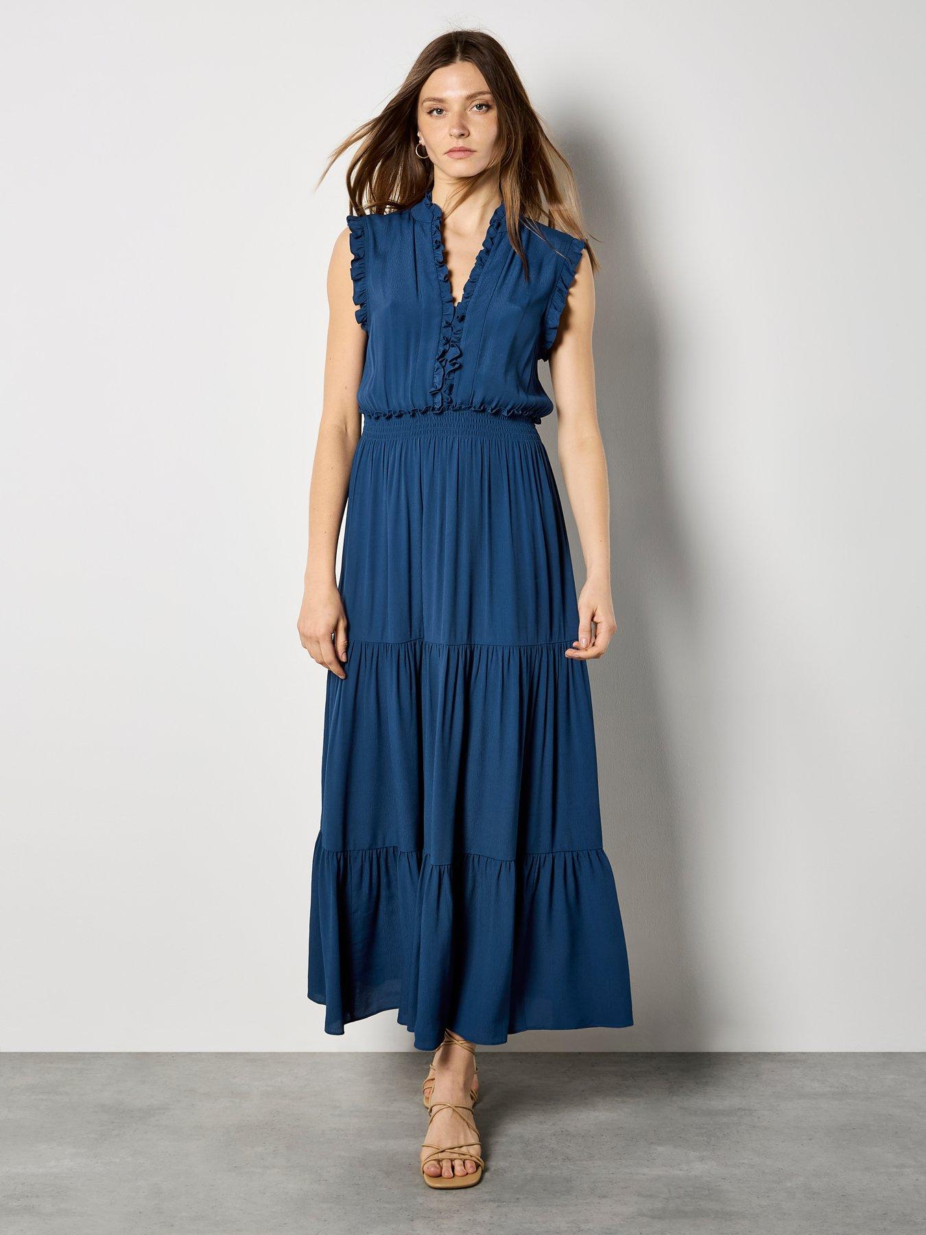 Apricot V-Neck Ruffle Tiered Dress - Blue
