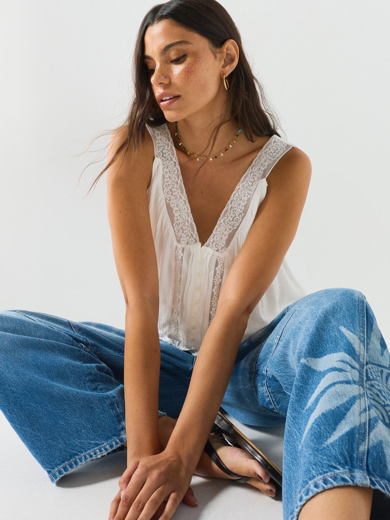 Image 5 of 6 of FREE PEOPLE Celeste Lace Trim Button-Up Tank Top - White
