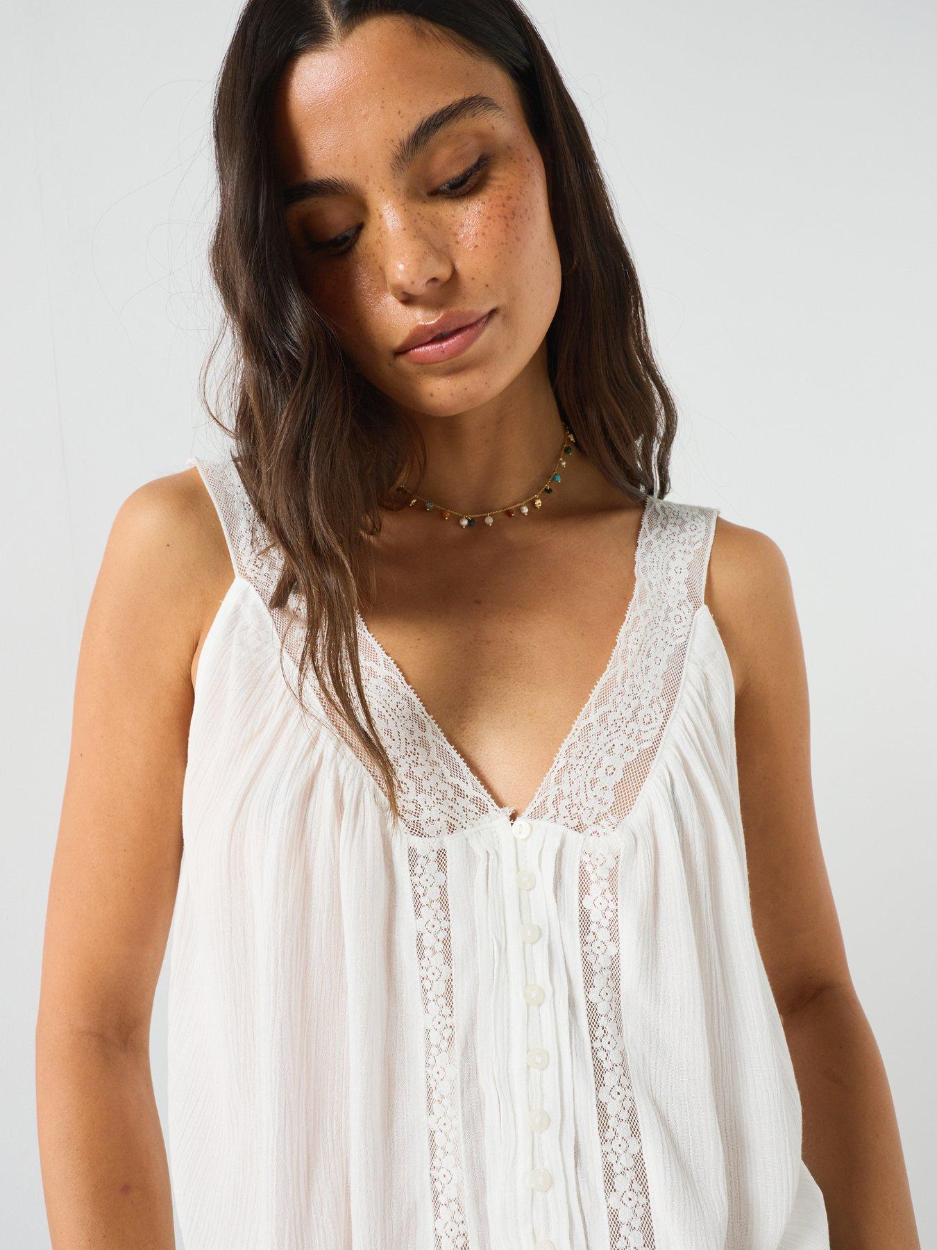Image 6 of 6 of FREE PEOPLE Celeste Lace Trim Button-Up Tank Top - White