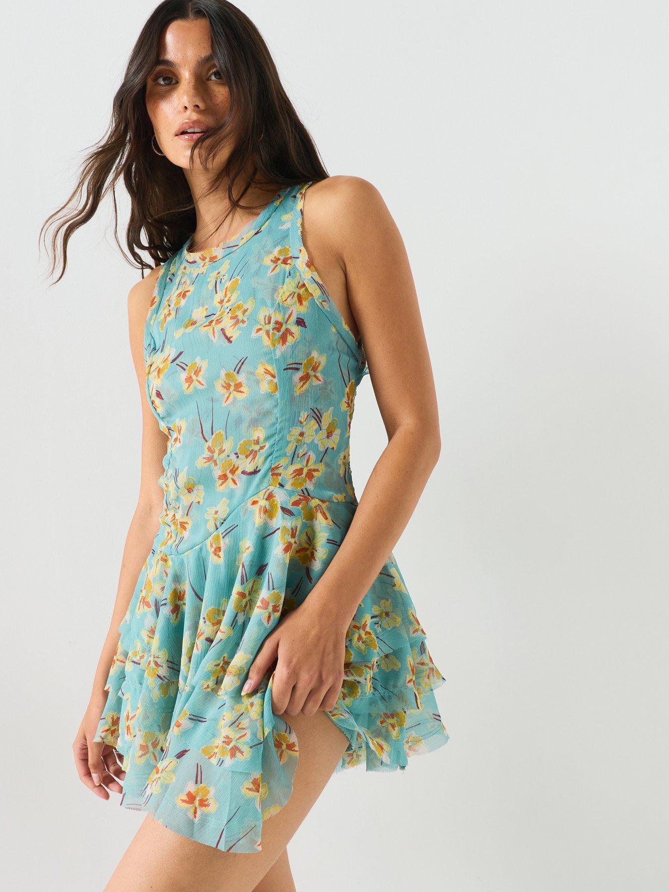 FREE PEOPLE Floral Print Mini Dress - Blue