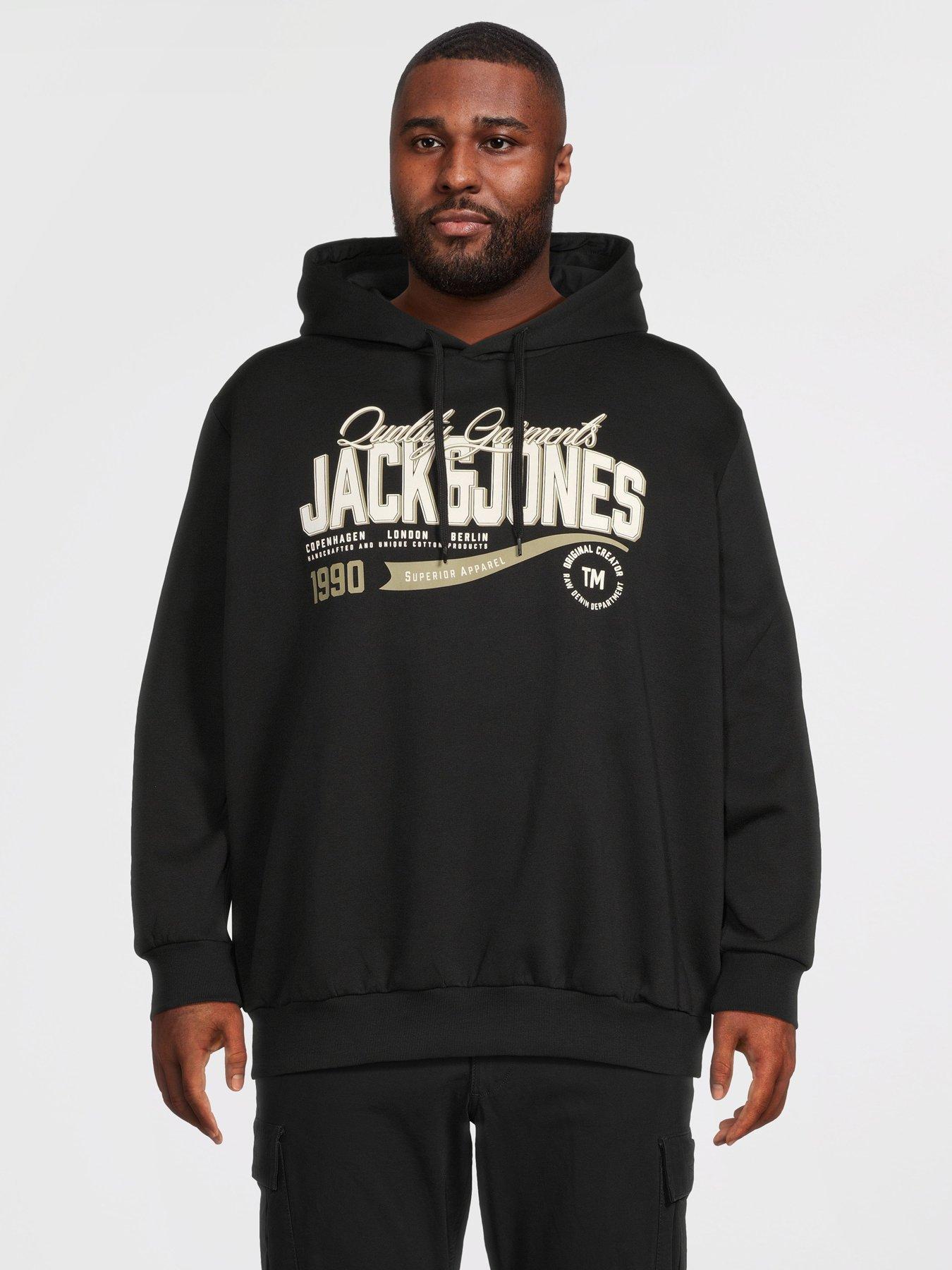 Jack & Jones Men's Plus Size Graphic Hoodie with Kangaroo Pocket - Black