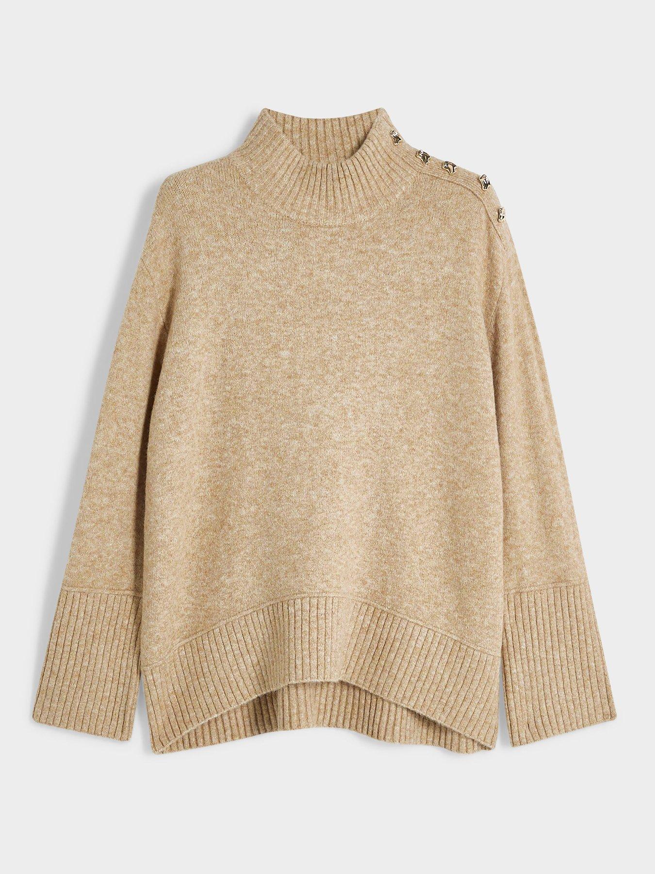 Image 5 of 6 of River Island Womens Button Shoulder High Neck Cotton Jumper - Beige