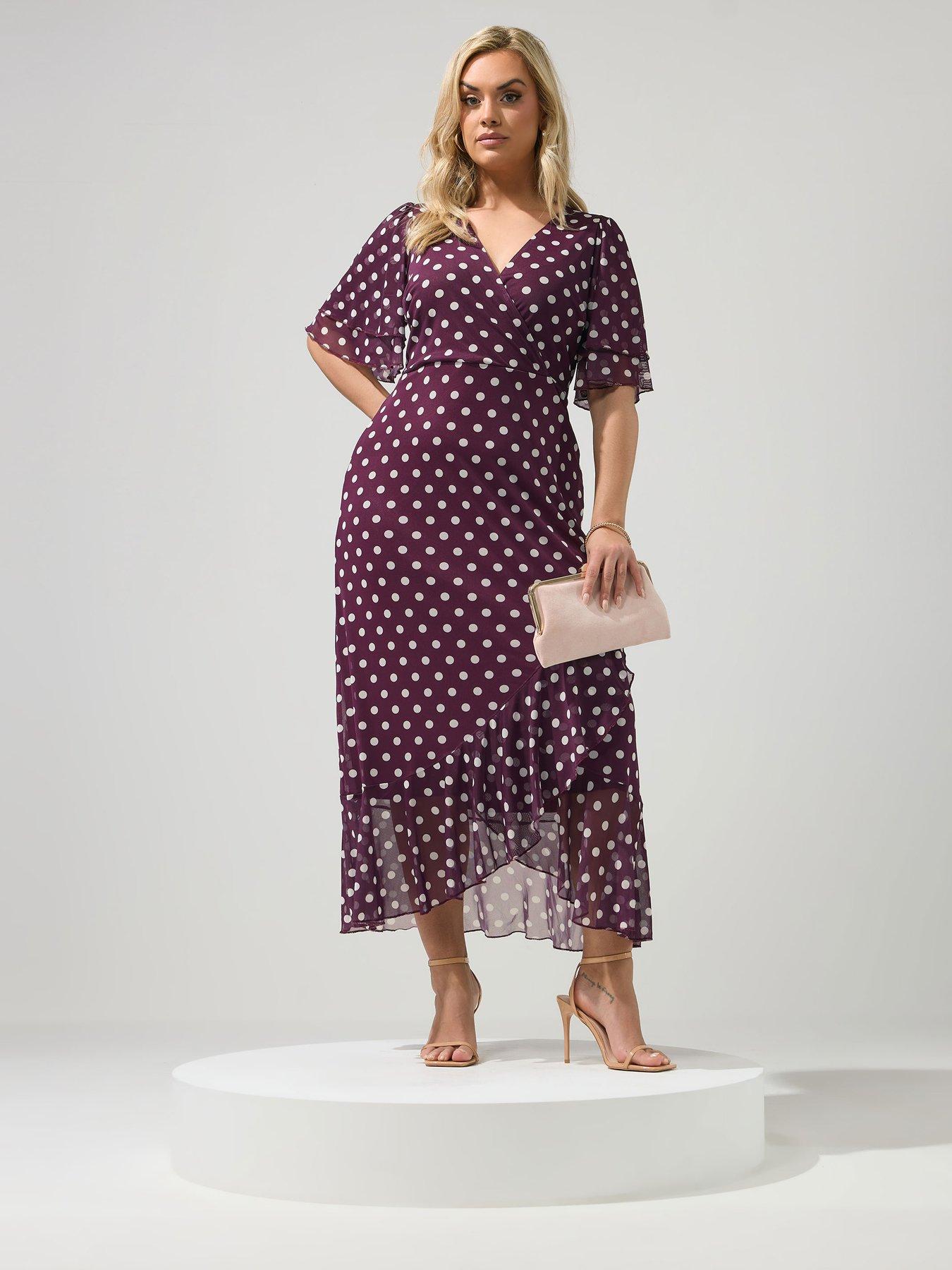 Yours Curve Polkdot Mesh Wrap Ruffle Dress - Burgundy