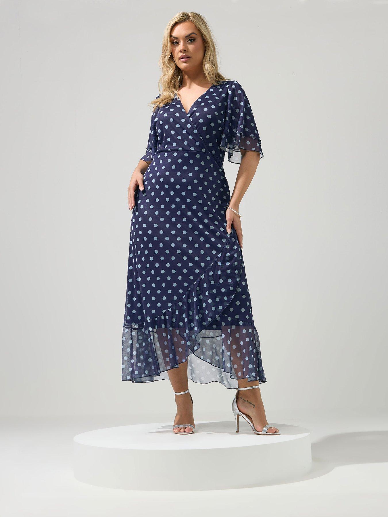 Image 1 of 5 of Yours Curve Polkdot Mesh Wrap Ruffle Dress