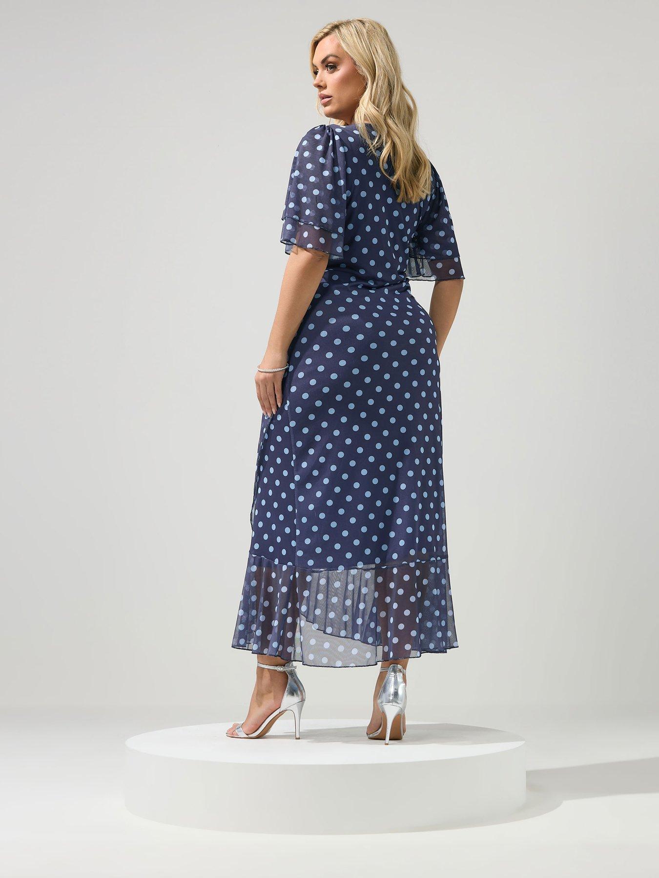 Image 2 of 5 of Yours Curve Polkdot Mesh Wrap Ruffle Dress
