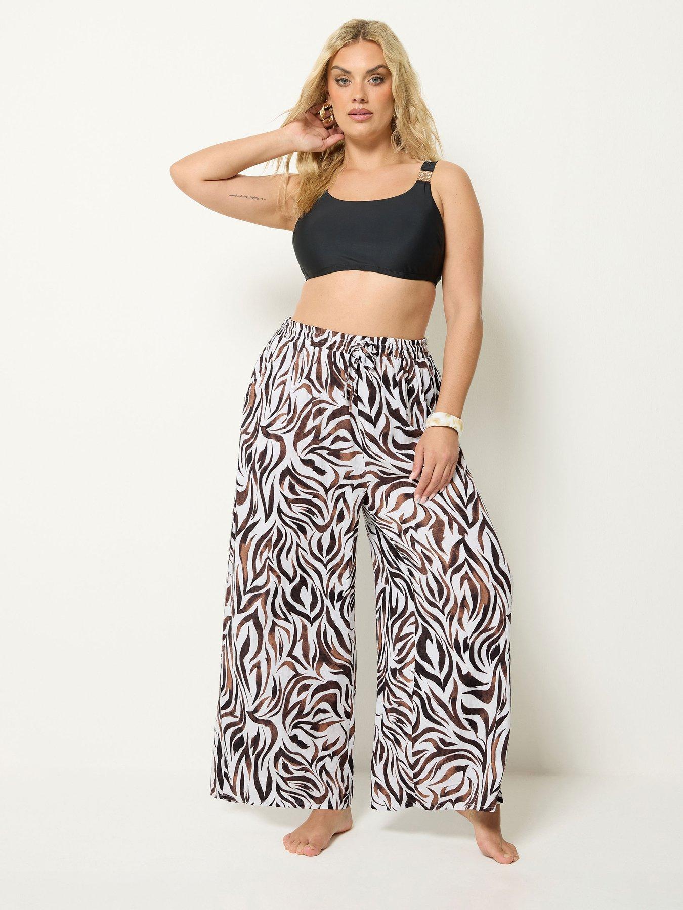 Yours Curve Zebra Print Wide Leg Crinkle Trousers Co-Ord - Brown