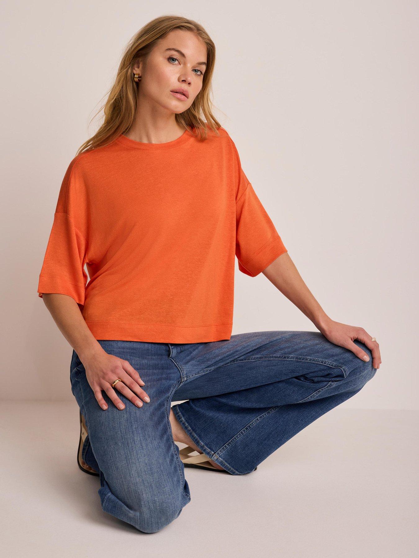 Image 1 of 6 of Mint Velvet Linen Blend T-Shirt - Orange