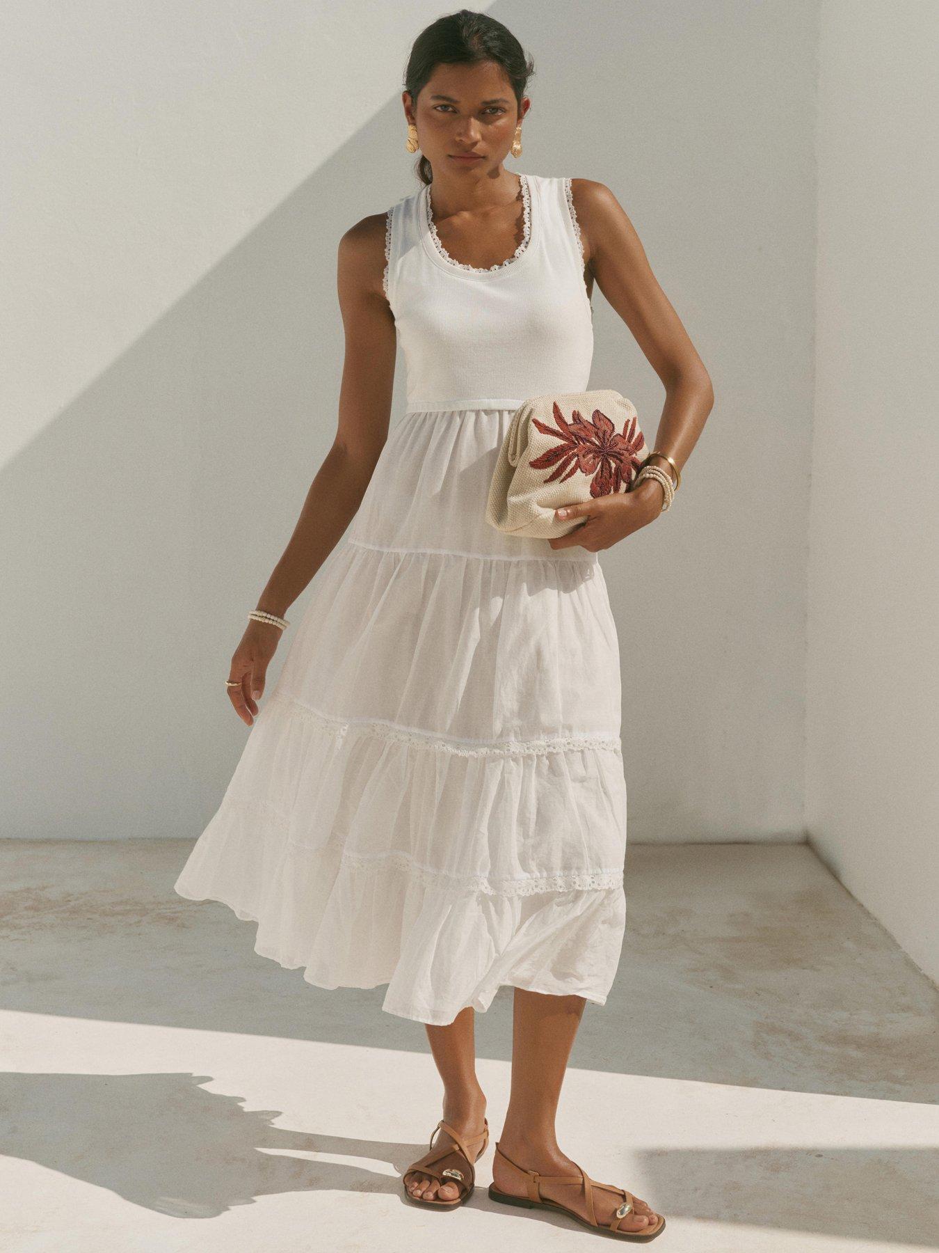 Mint Velvet Crochet Trim Tiered Midi Dress - White