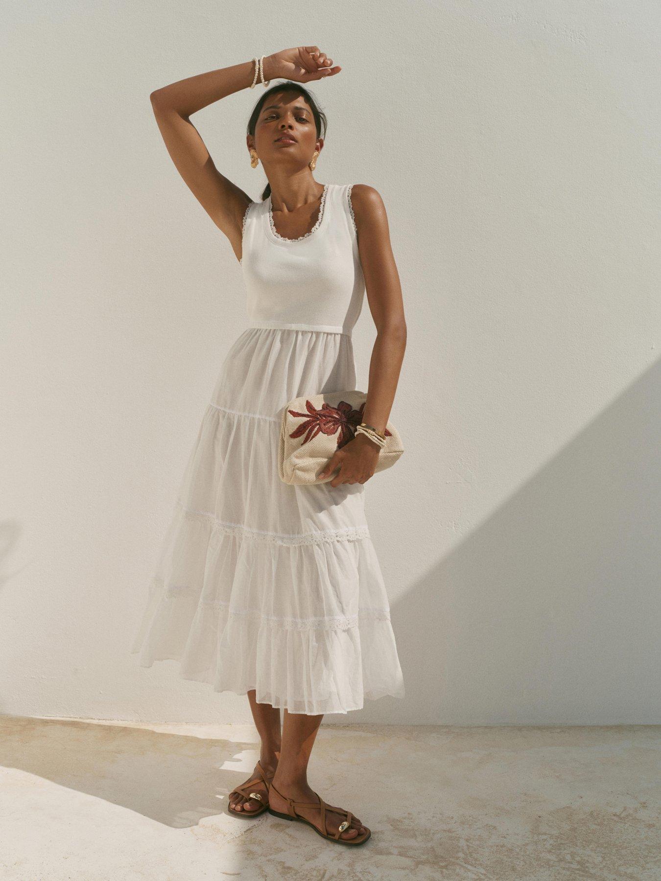 Mint Velvet Crochet Trim Tiered Midi Dress - White | Very