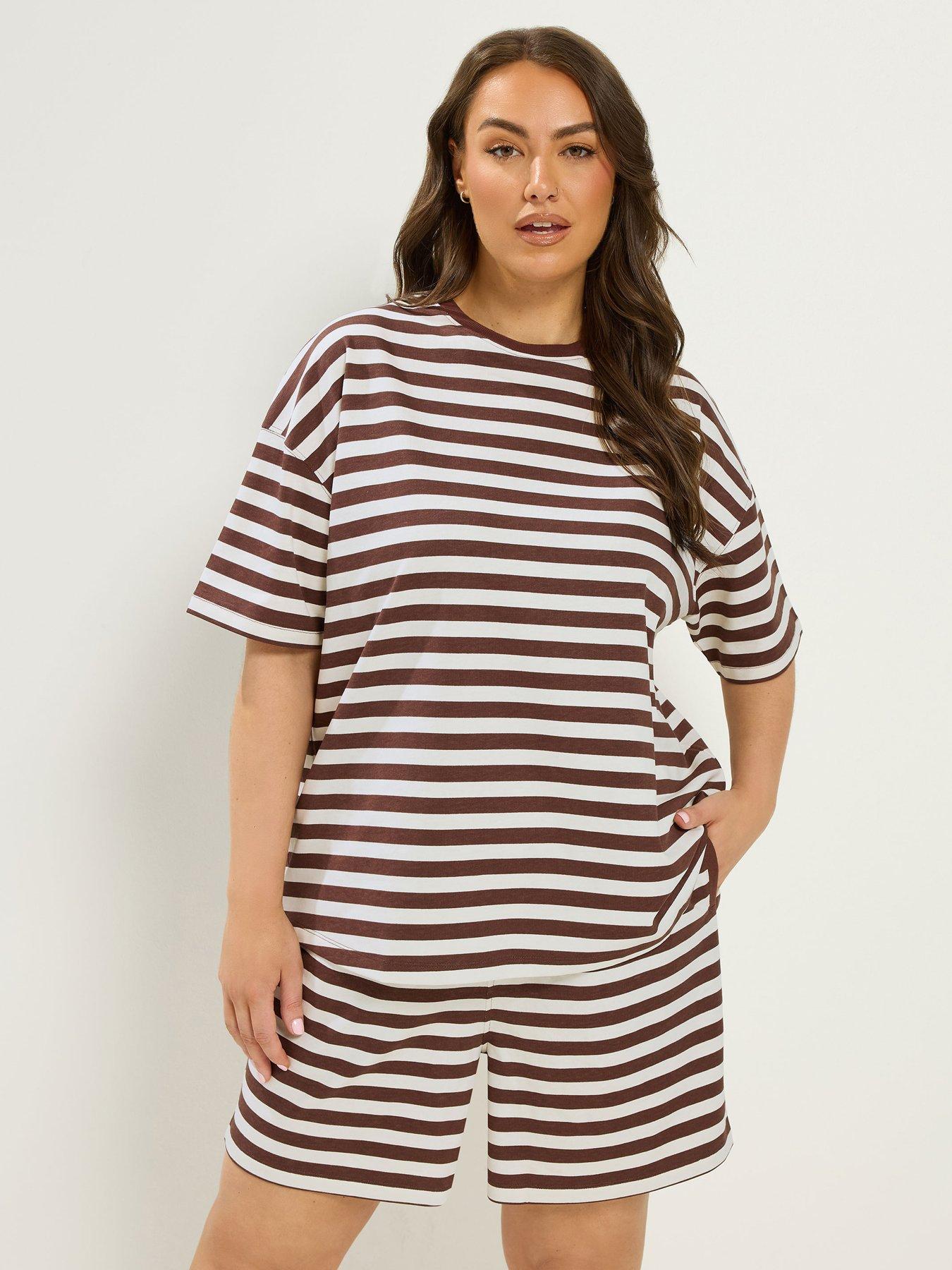 Image 1 of 4 of Yours Curve Stripe Jersey T-Shirt Set - Brown