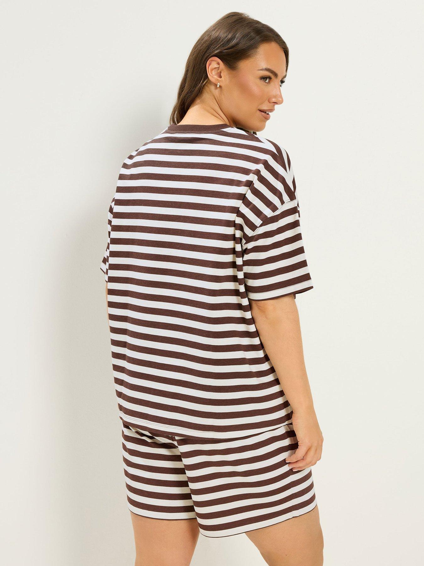 Image 2 of 4 of Yours Curve Stripe Jersey T-Shirt Set - Brown
