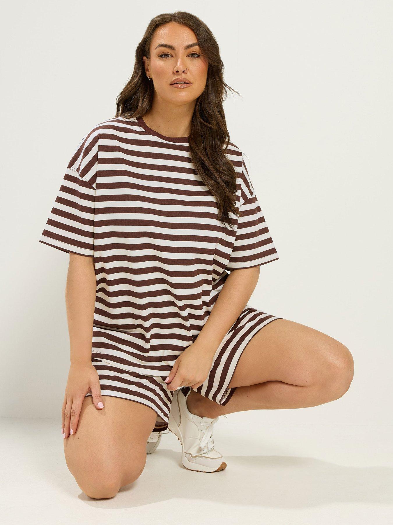 Image 4 of 4 of Yours Curve Stripe Jersey T-Shirt Set - Brown