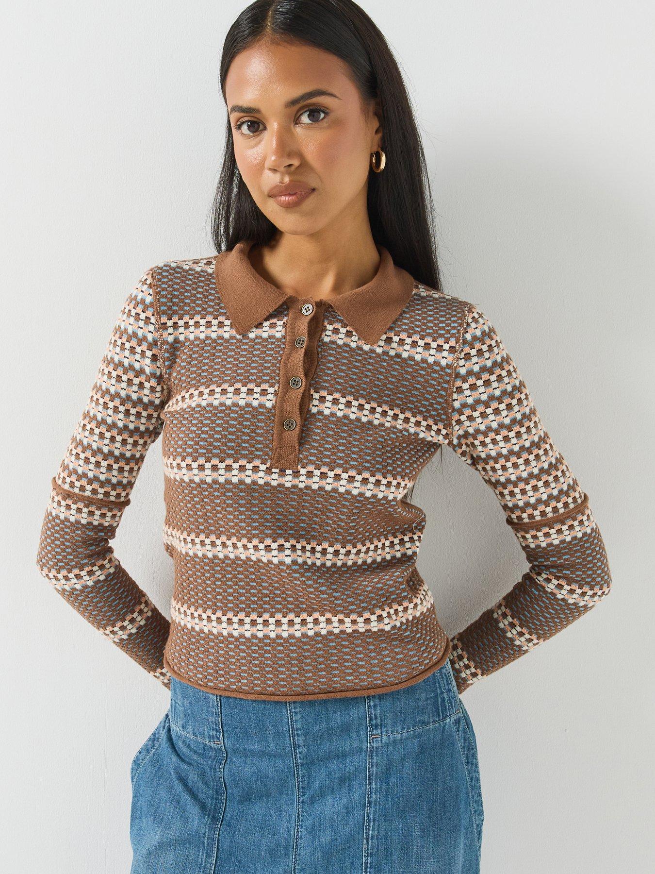 Image 1 of 6 of FREE PEOPLE Patterned Knit Polo Top with Button Placket - Brown