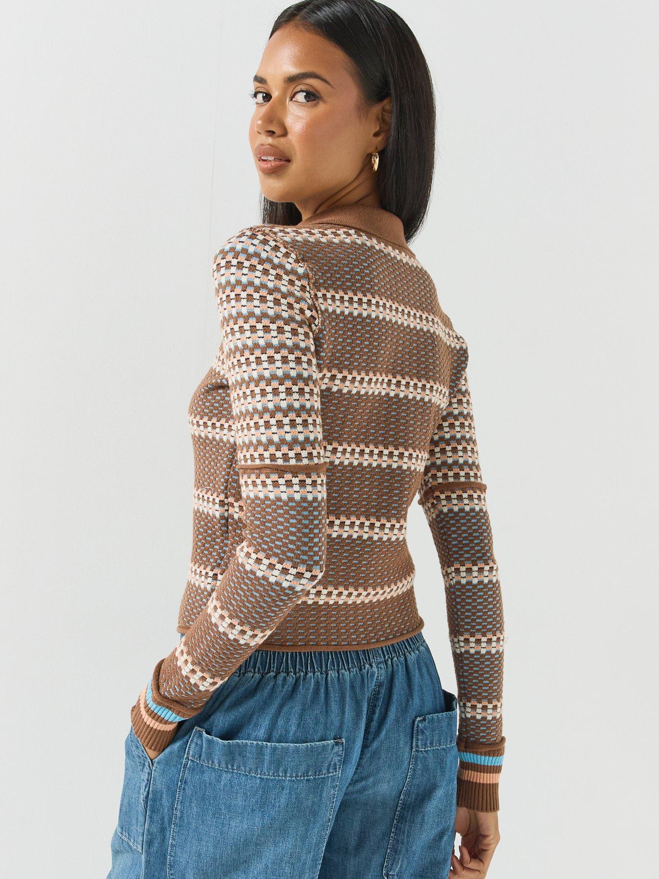 Image 2 of 6 of FREE PEOPLE Patterned Knit Polo Top with Button Placket - Brown