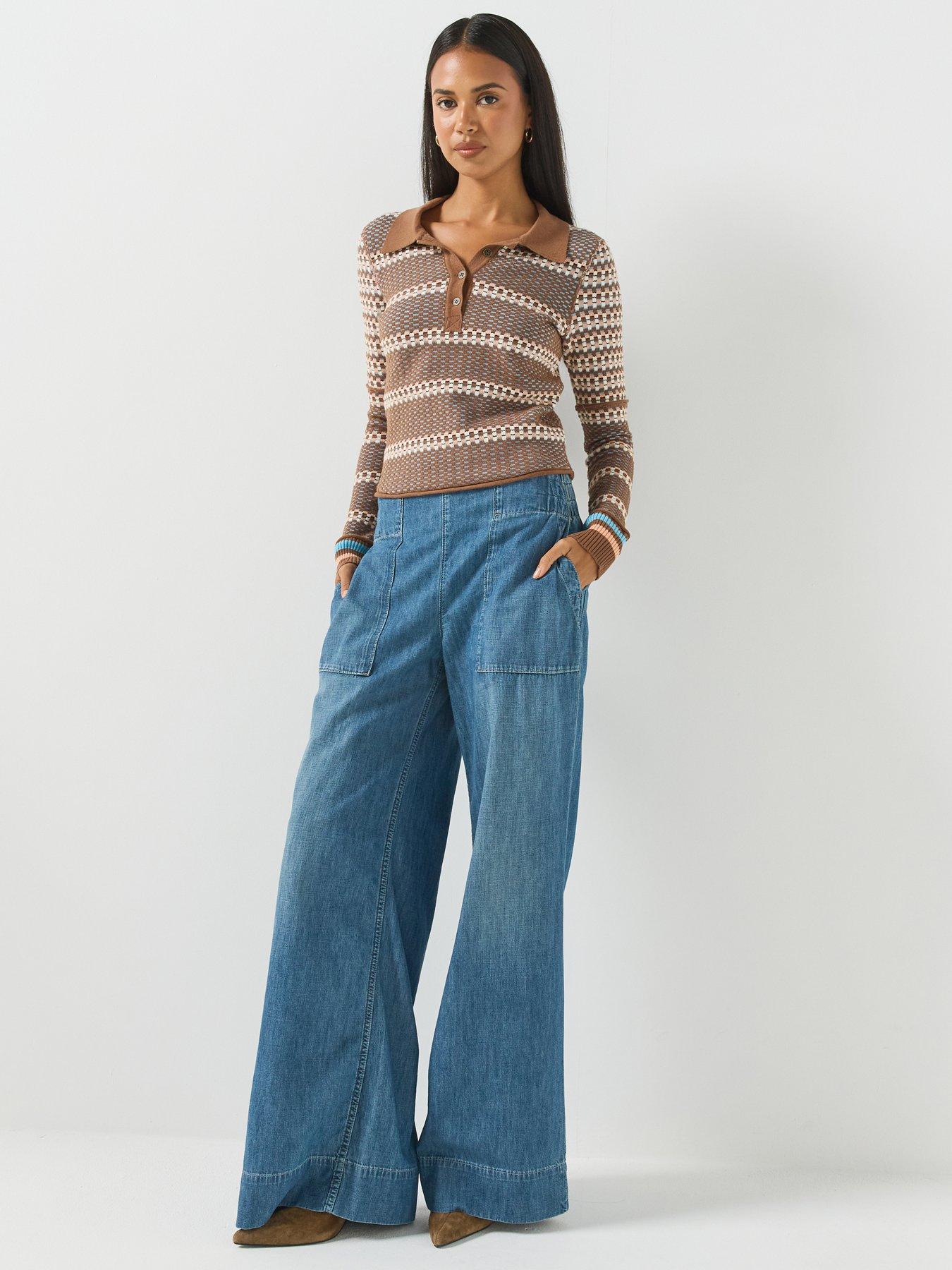 Image 3 of 6 of FREE PEOPLE Patterned Knit Polo Top with Button Placket - Brown