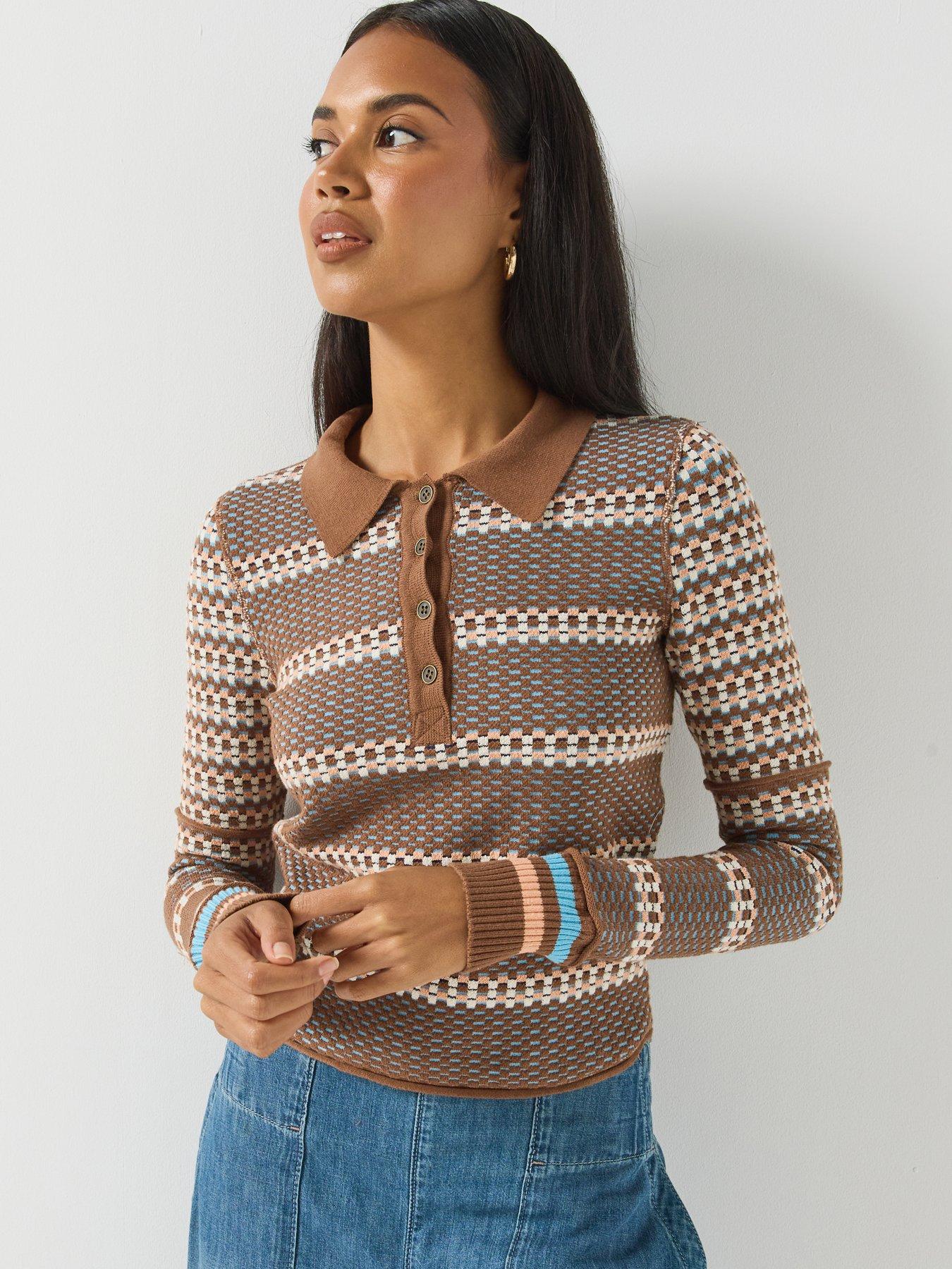 Image 5 of 6 of FREE PEOPLE Patterned Knit Polo Top with Button Placket - Brown