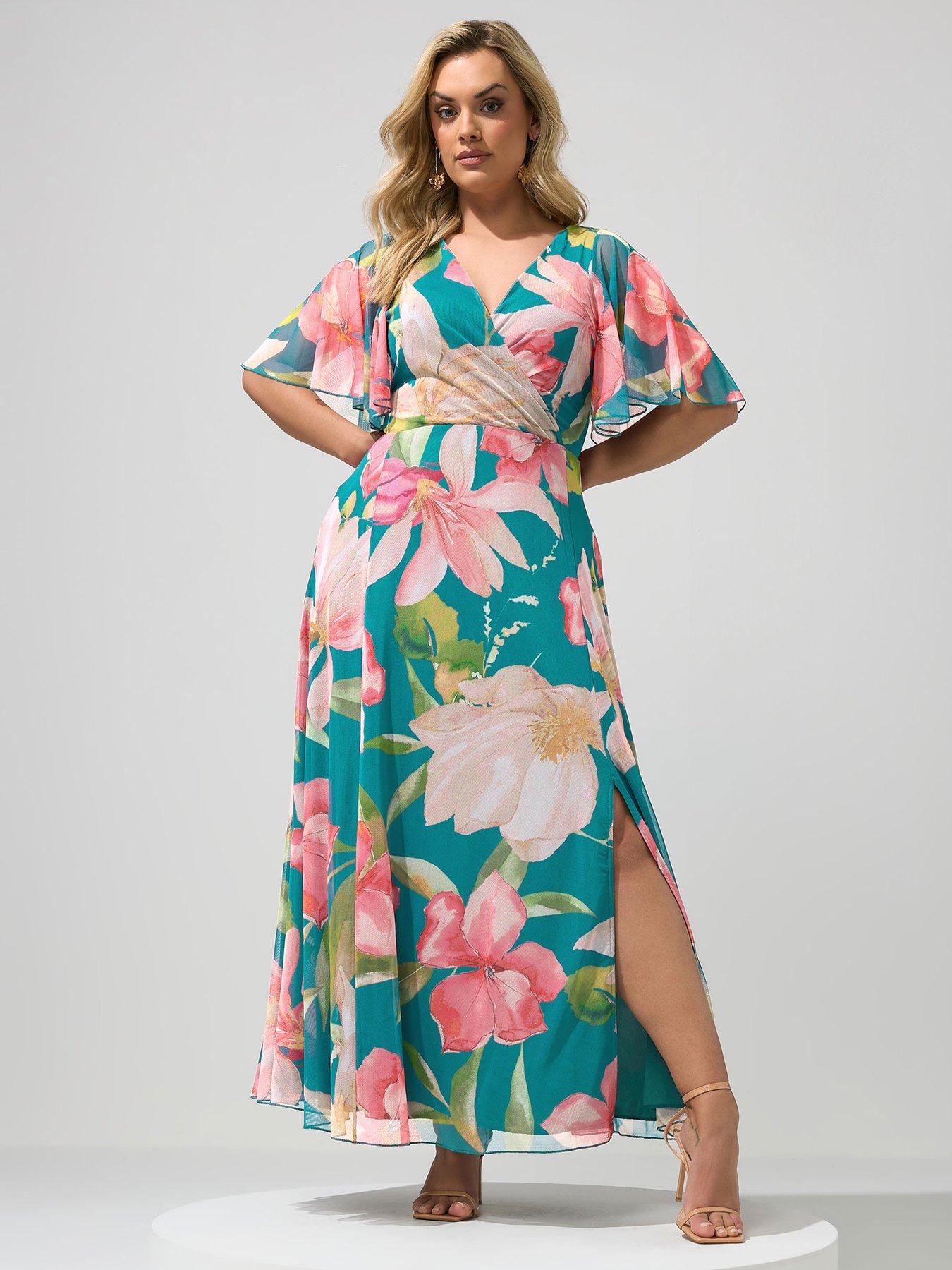Yours Curve Floral Mesh Angel Sleeve Maxi Wrap Dress