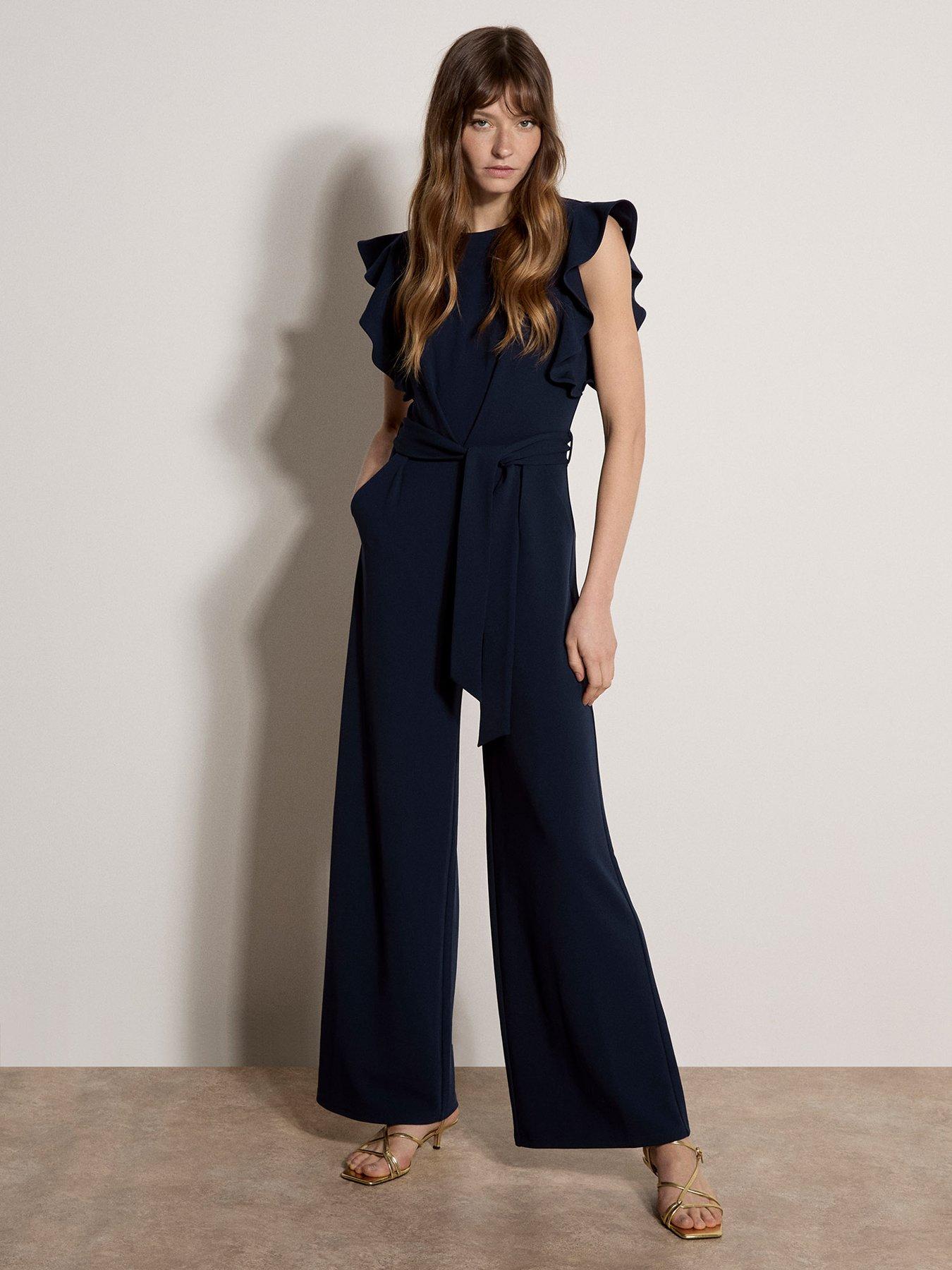 Apricot Ruffle Sleeve Pleat Detail Jumpsuit - Blue