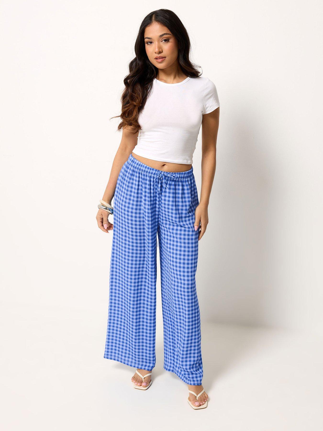 Image 1 of 4 of PixieGirl Petite Gingham Wide Leg Trousers - Blue