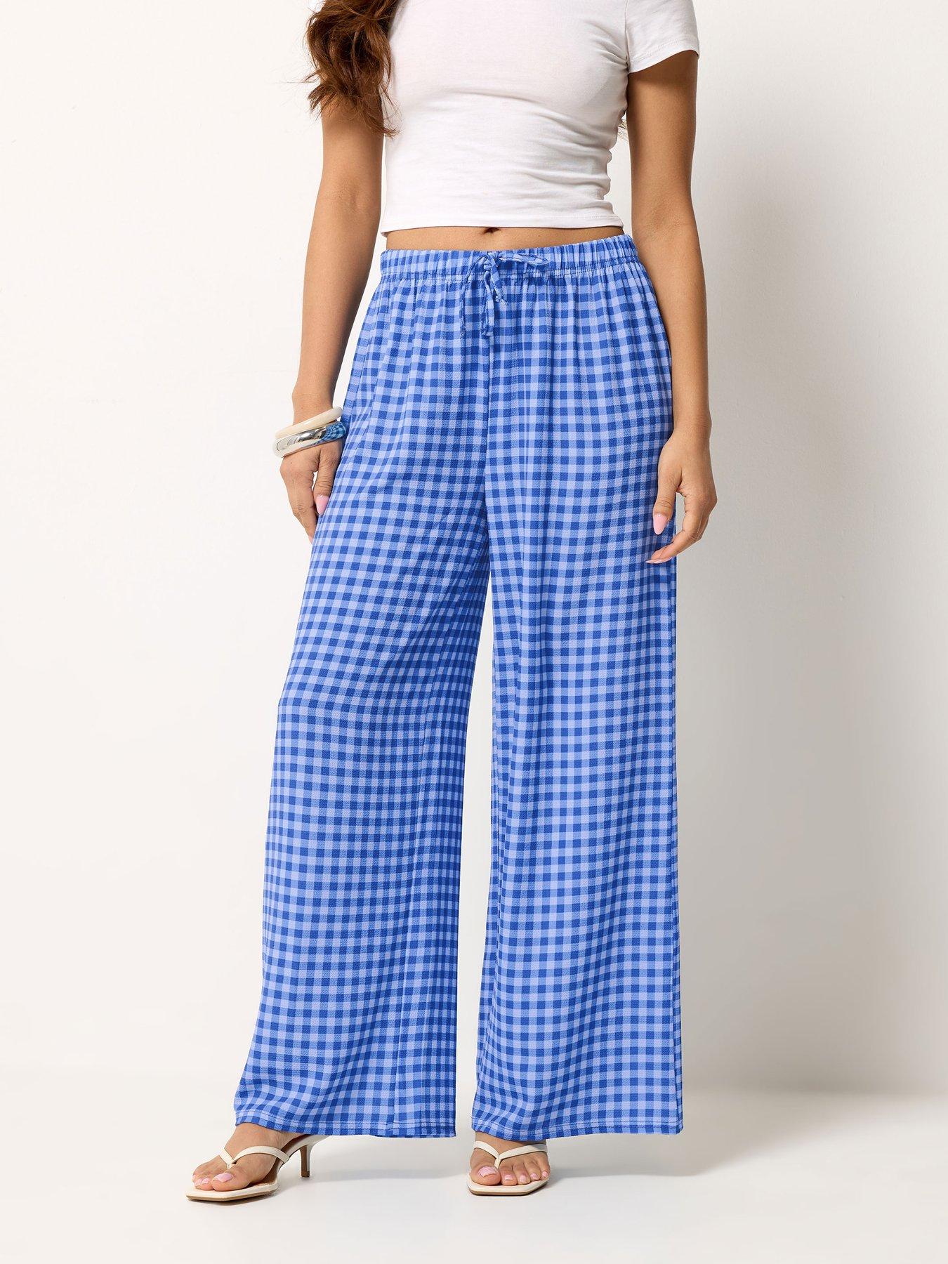 Image 4 of 4 of PixieGirl Petite Gingham Wide Leg Trousers - Blue