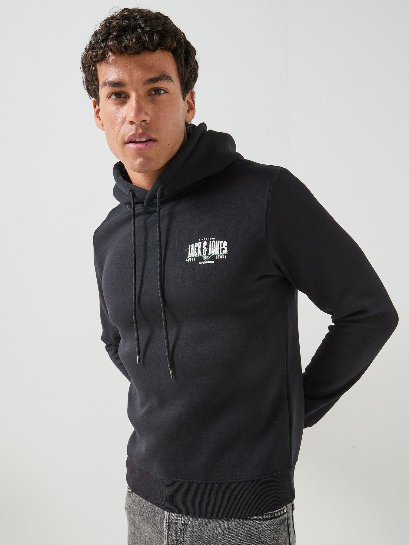 Jack & Jones Men's Logo Hoodie with Kangaroo Pocket, Black, Size M, Men
