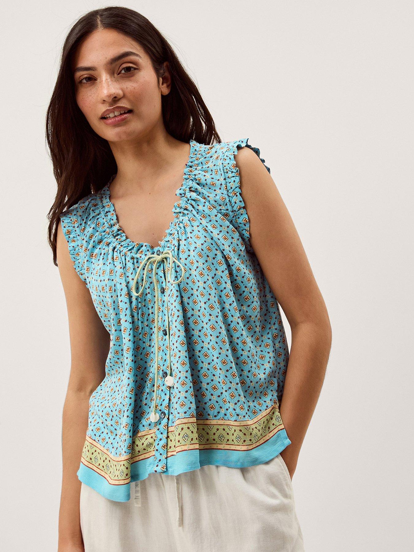 Image 1 of 6 of Monsoon Millie Print Frill Top - Blue